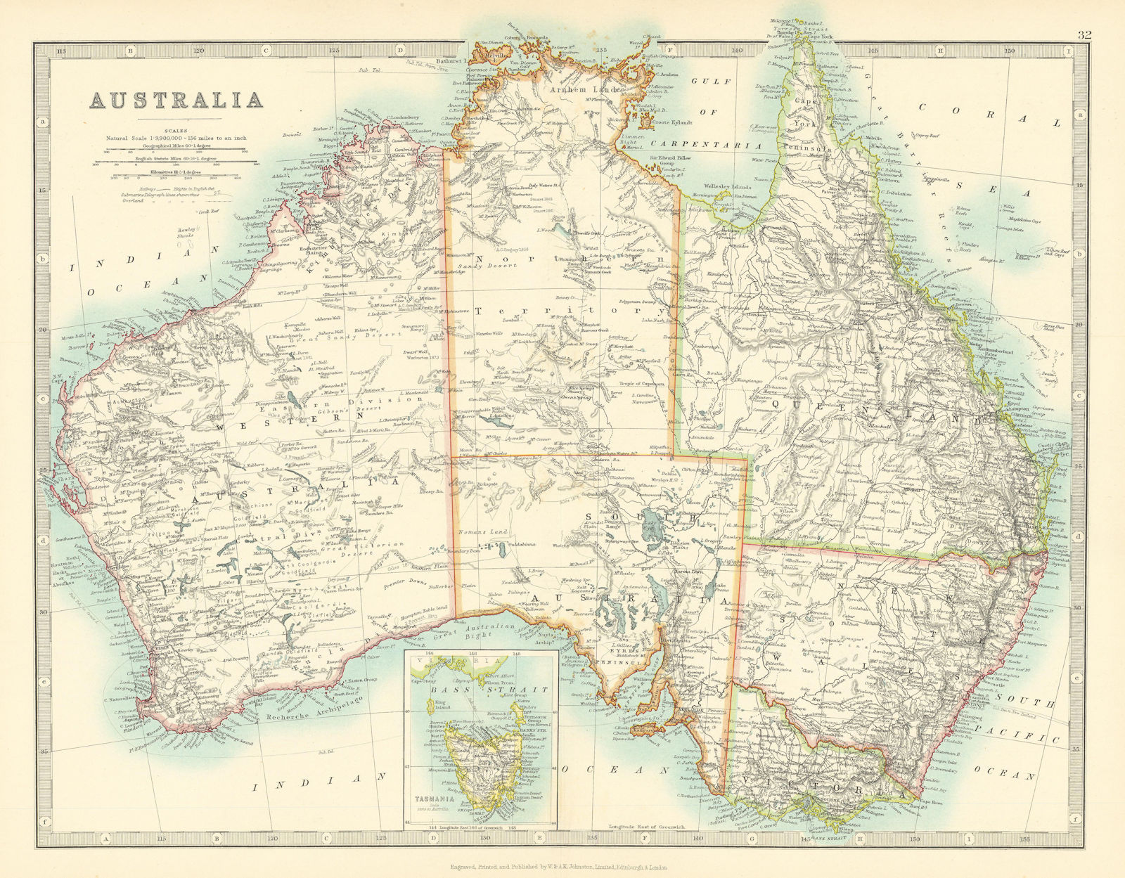 AUSTRALIA showing explorers' routes & goldfields. JOHNSTON 1911 map