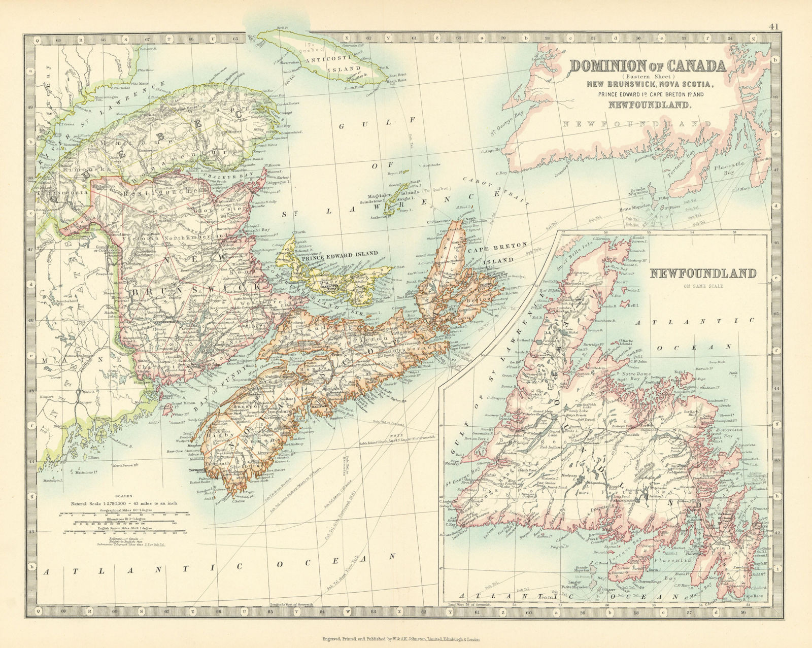 CANADA MARITIMES Newfoundland Nova Scotia Prince New Brunswick JOHNSTON 1911 map