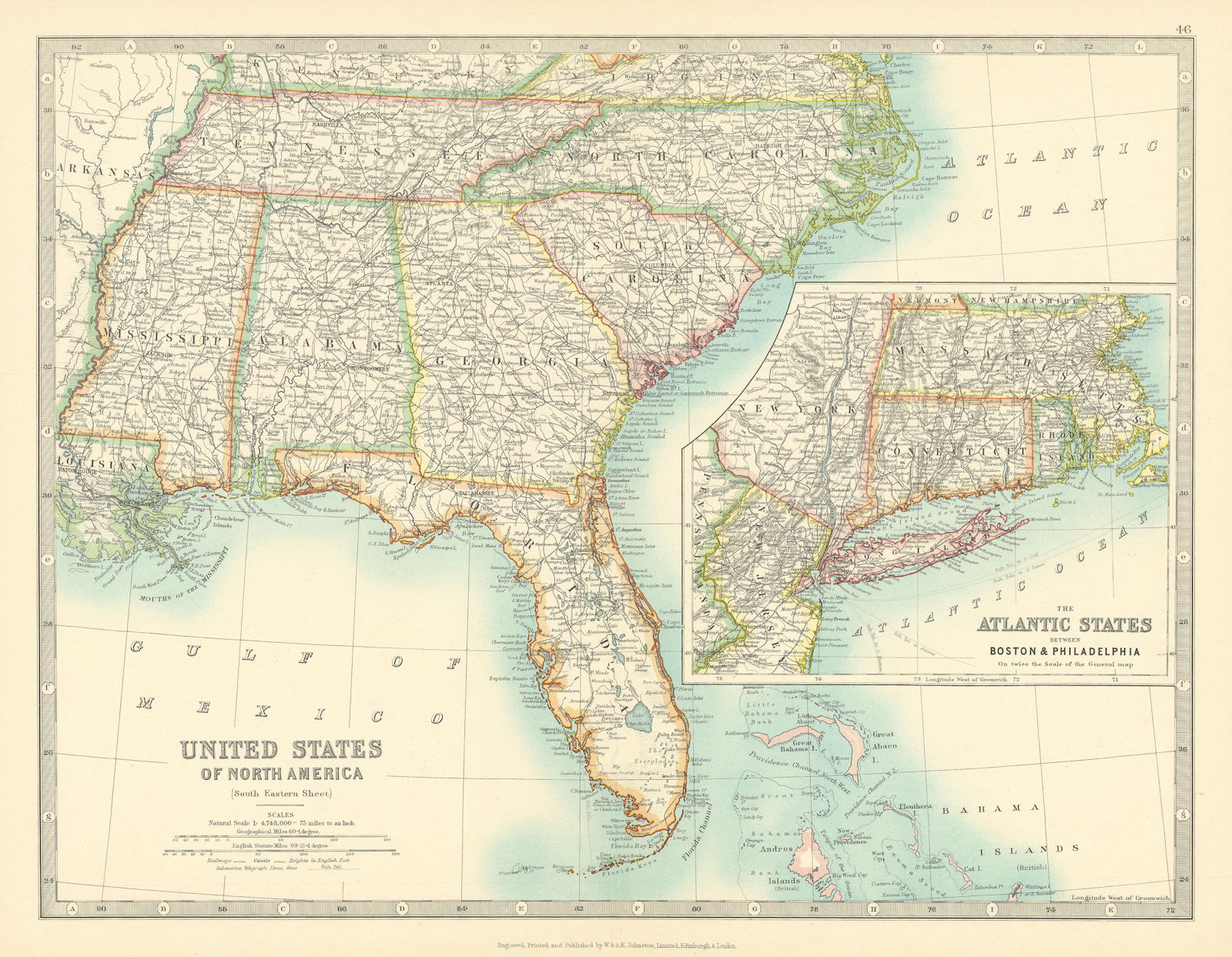 USA DEEP SOUTH. Florida Georgia Carolinas Alabama Tennessee. JOHNSTON 1911 map