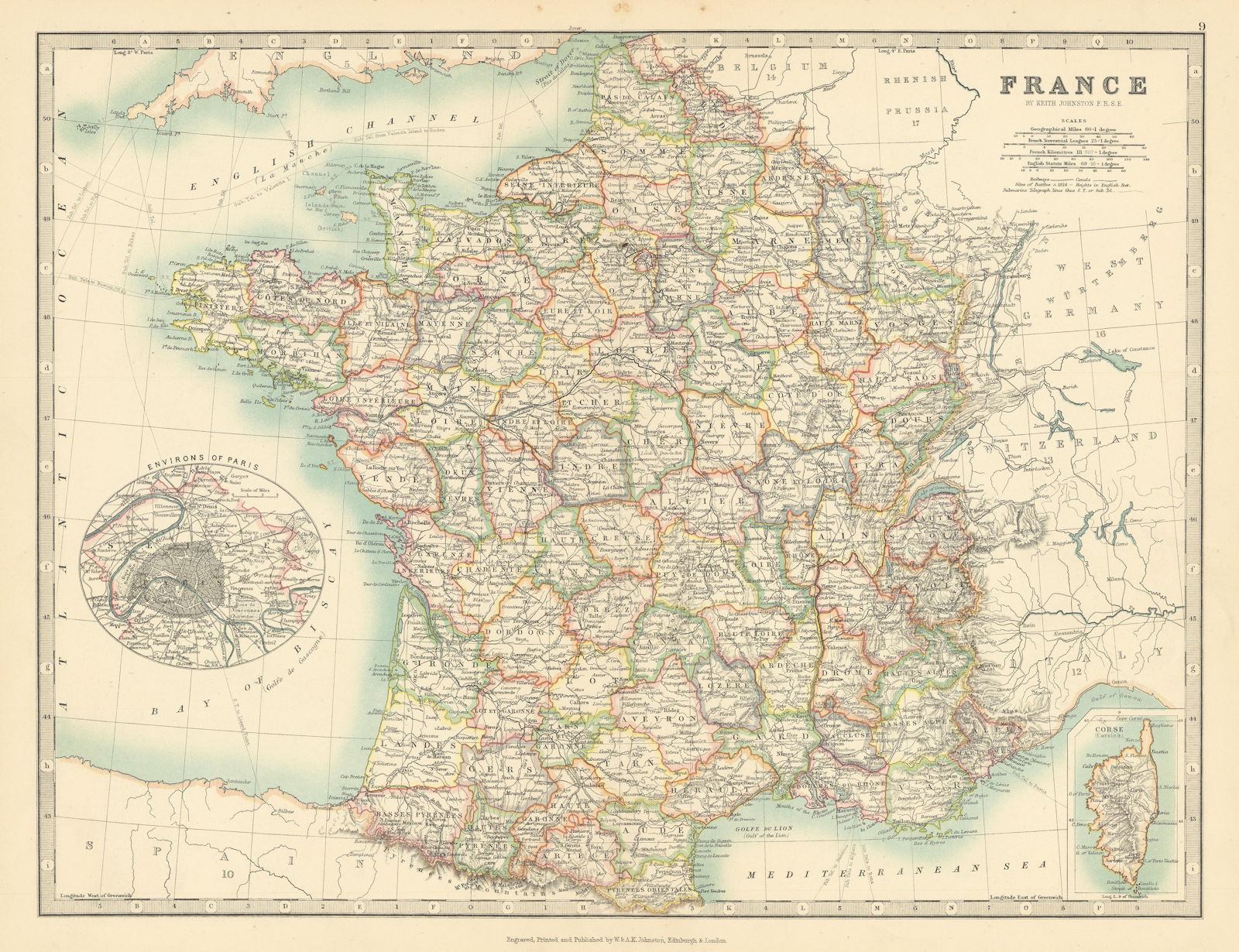 Associate Product FRANCE In departements Railways canals JOHNSTON 1897 old antique map chart