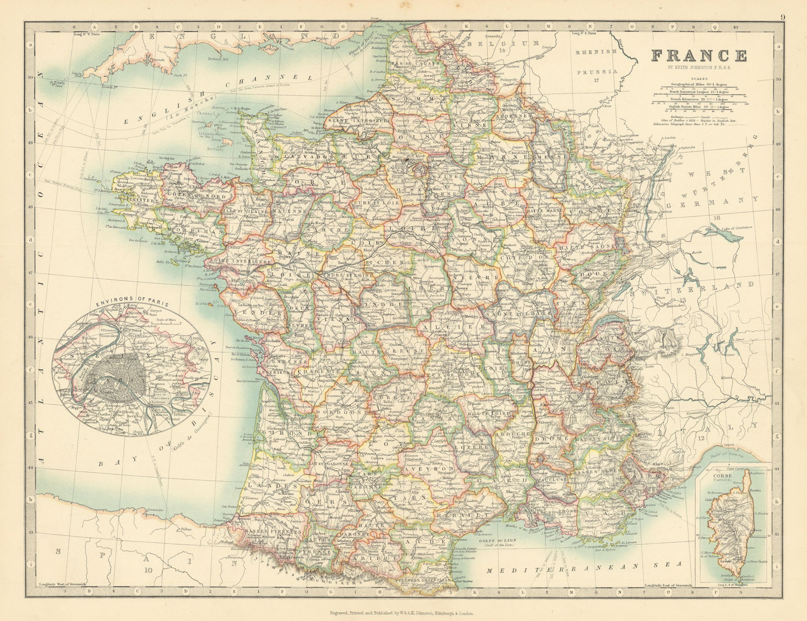 FRANCE In departements Railways canals JOHNSTON 1897 old antique map chart