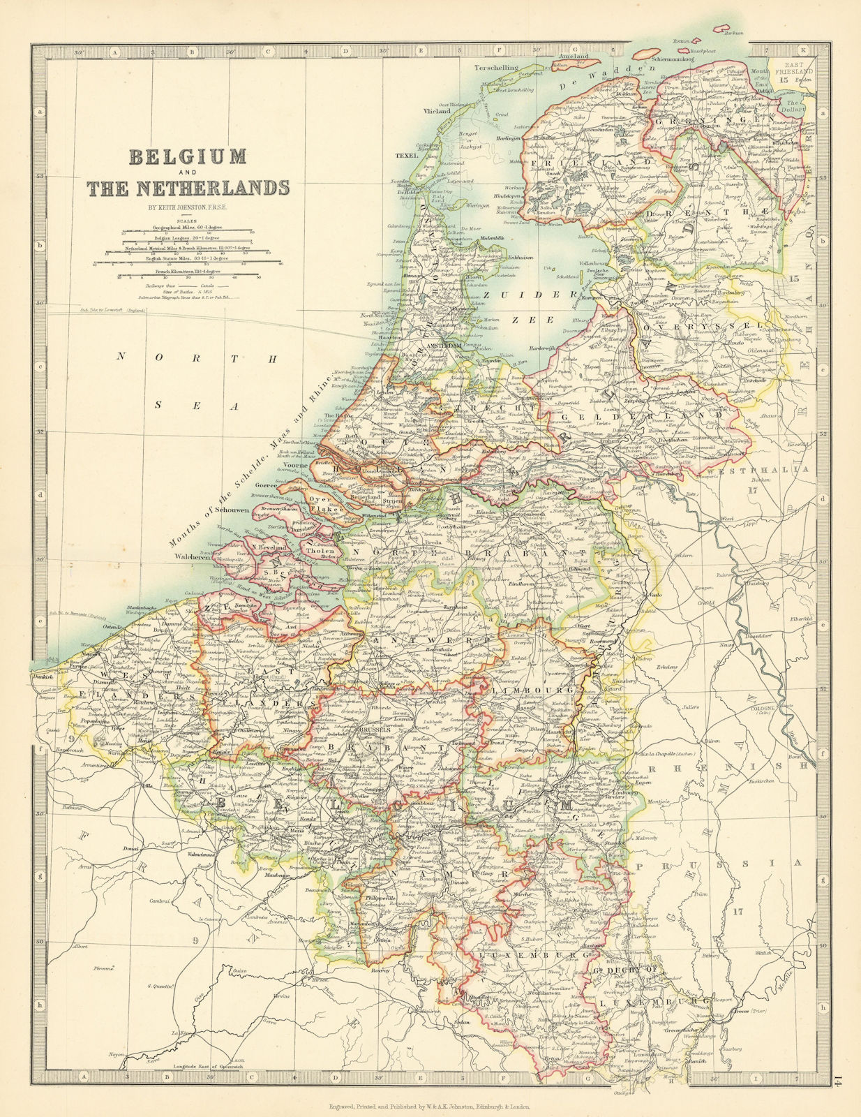 BENELUX Belgium, Netherlands & Luxembourg Railways & Canals JOHNSTON 1897 map