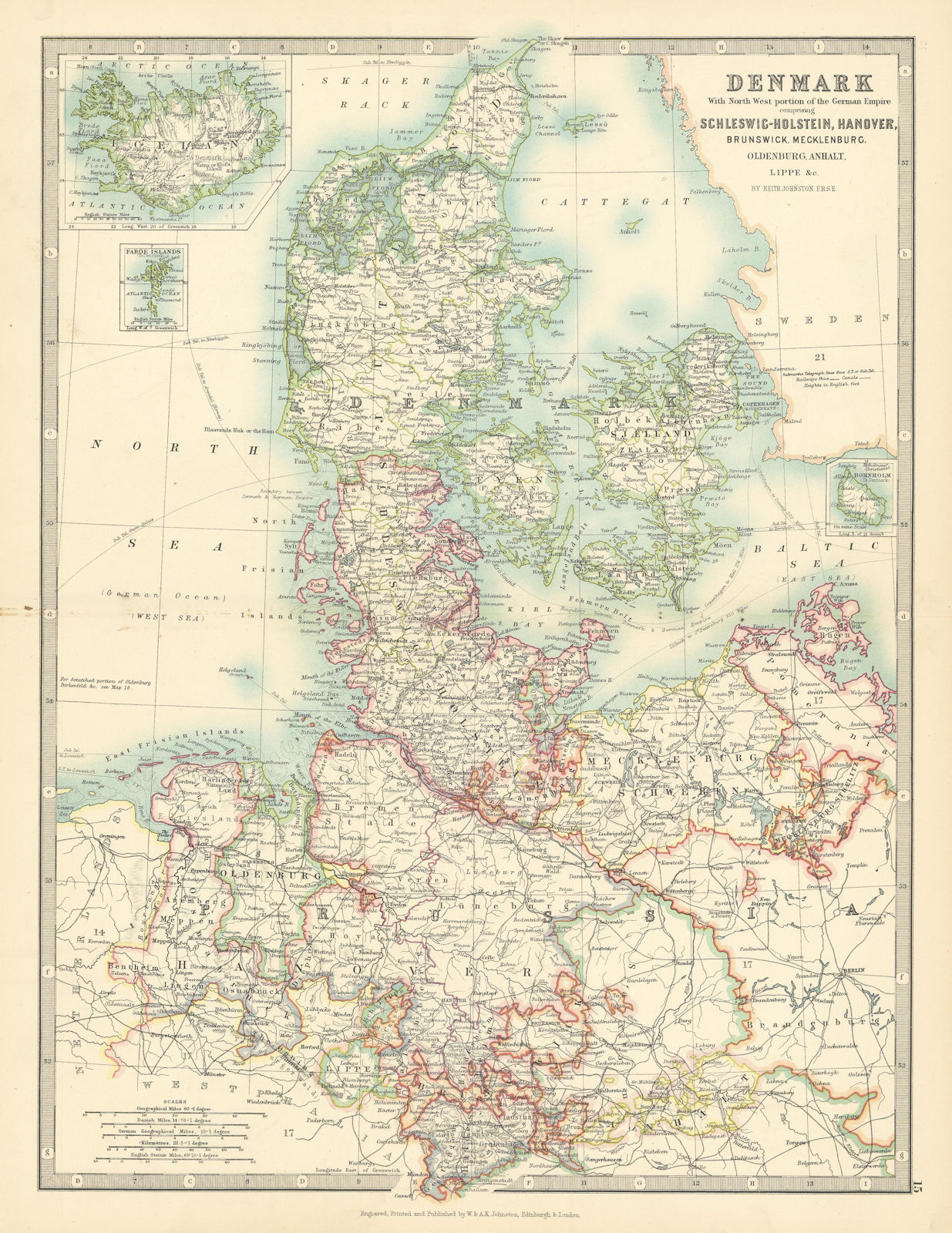 DENMARK/NORTHERN GERMANY Schleswig-Holstein Hanover Brunswick JOHNSTON 1897 map