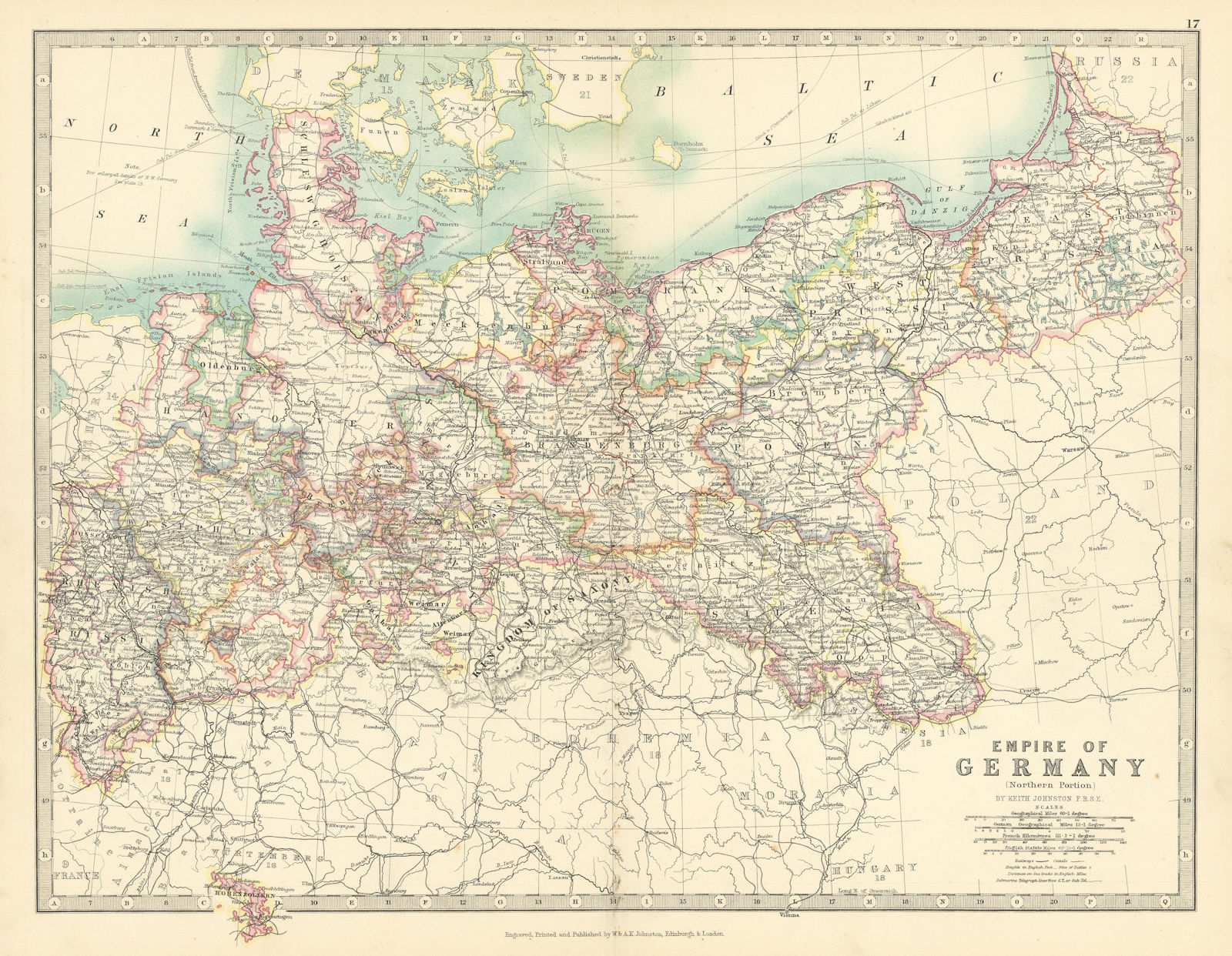 Associate Product GERMAN EMPIRE NORTH Prussia Poland &c Railways Canals JOHNSTON 1897 old map