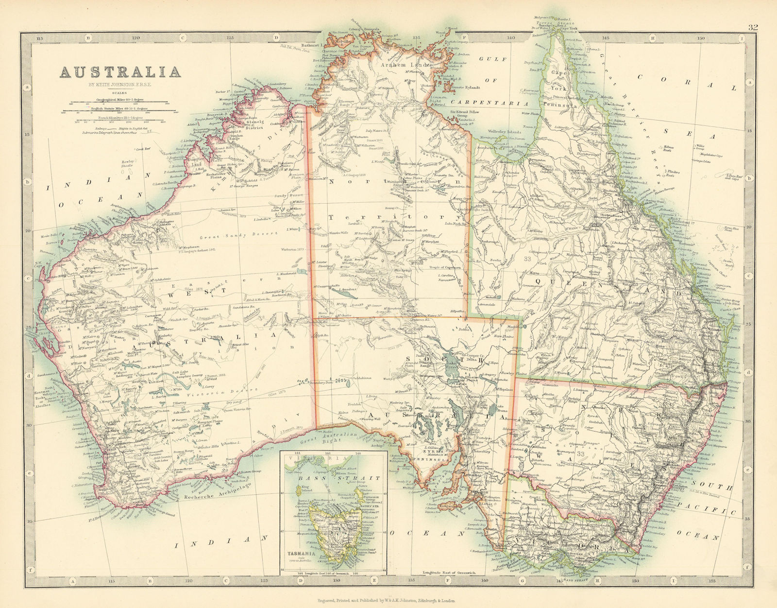 Associate Product AUSTRALIA Showing explorers' routes with dates Railways JOHNSTON 1897 old map