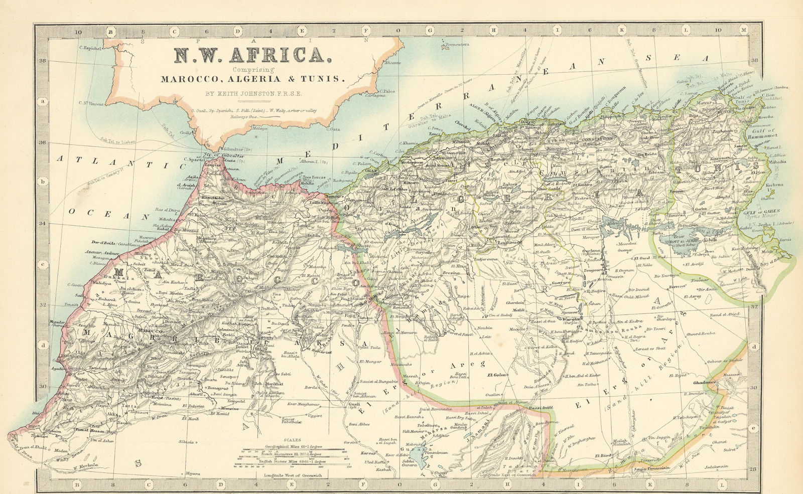 Associate Product NORTH WEST AFRICA Maghreb Morocco Tunisia Algeria JOHNSTON 1897 old map