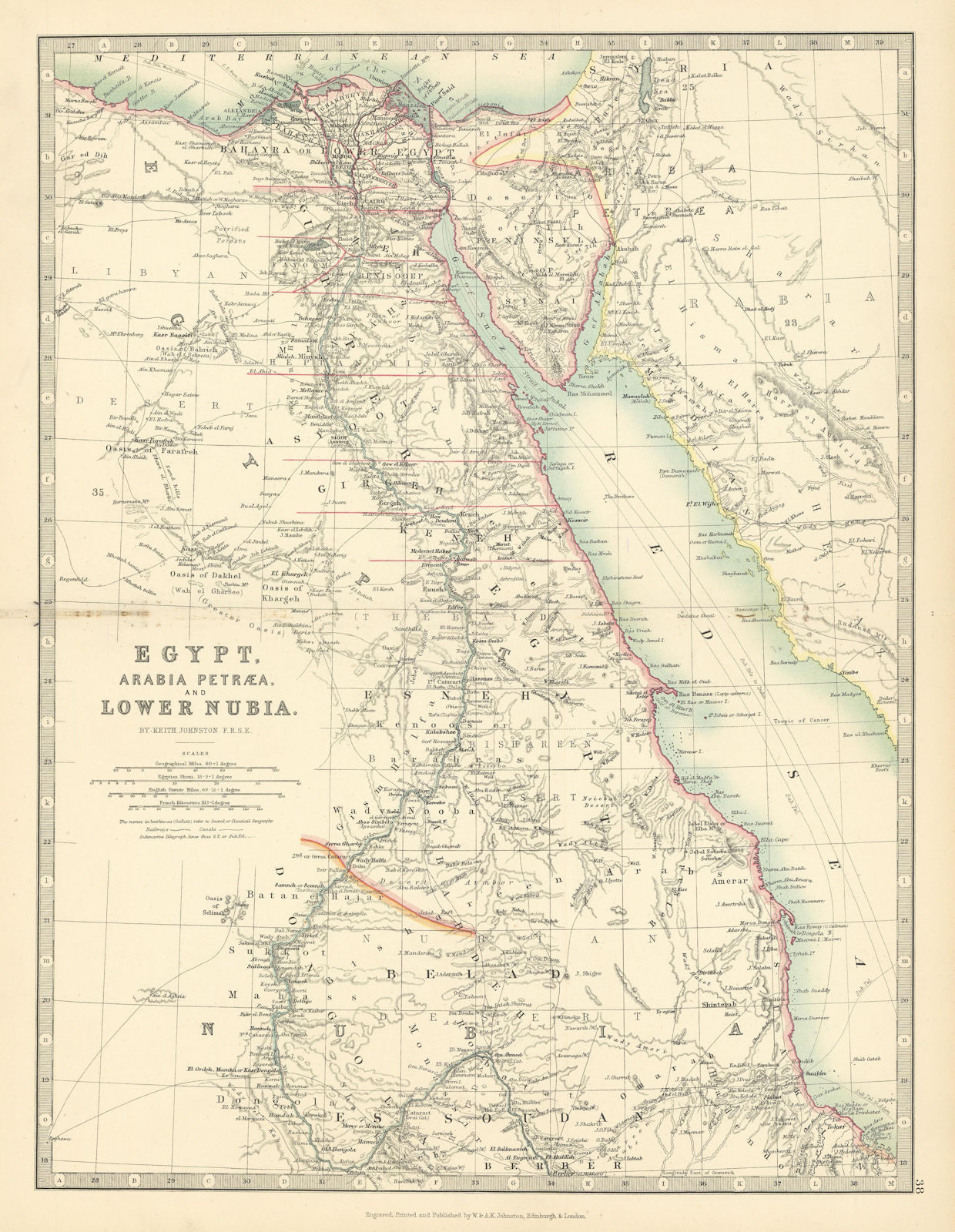Associate Product NILE VALLEY Egypt, Arabia Petraea and Lower Nubia Divisions JOHNSTON 1897 map