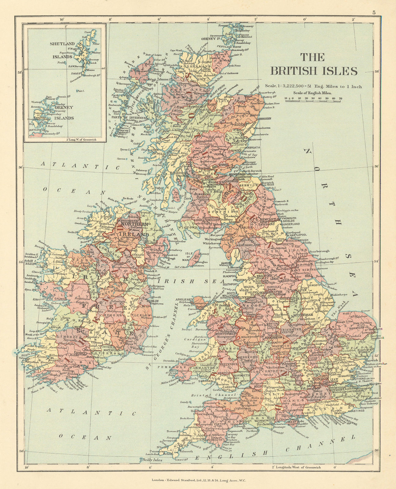 Associate Product The British Isles in counties. STANFORD c1925 old vintage map plan chart