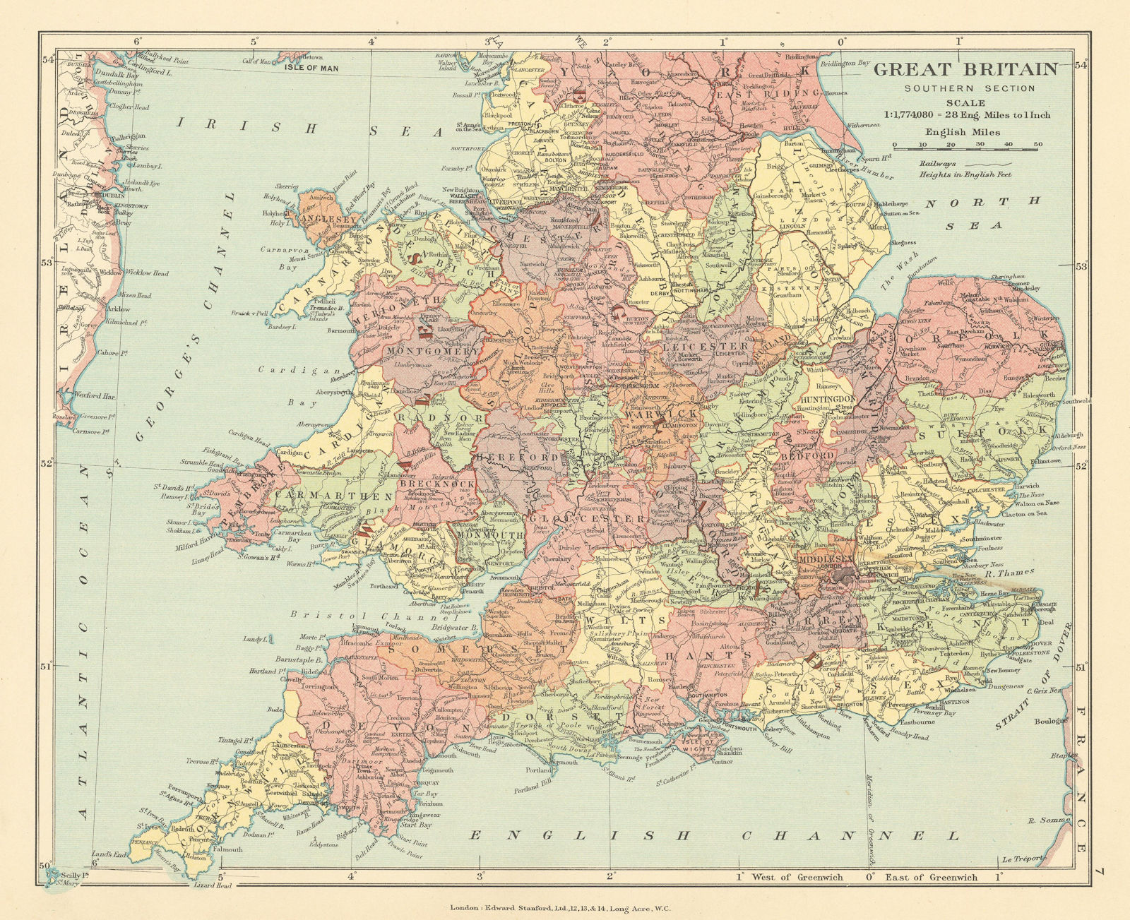 Associate Product Great Britain, Southern Section. England & Wales in counties. STANFORD c1925 map