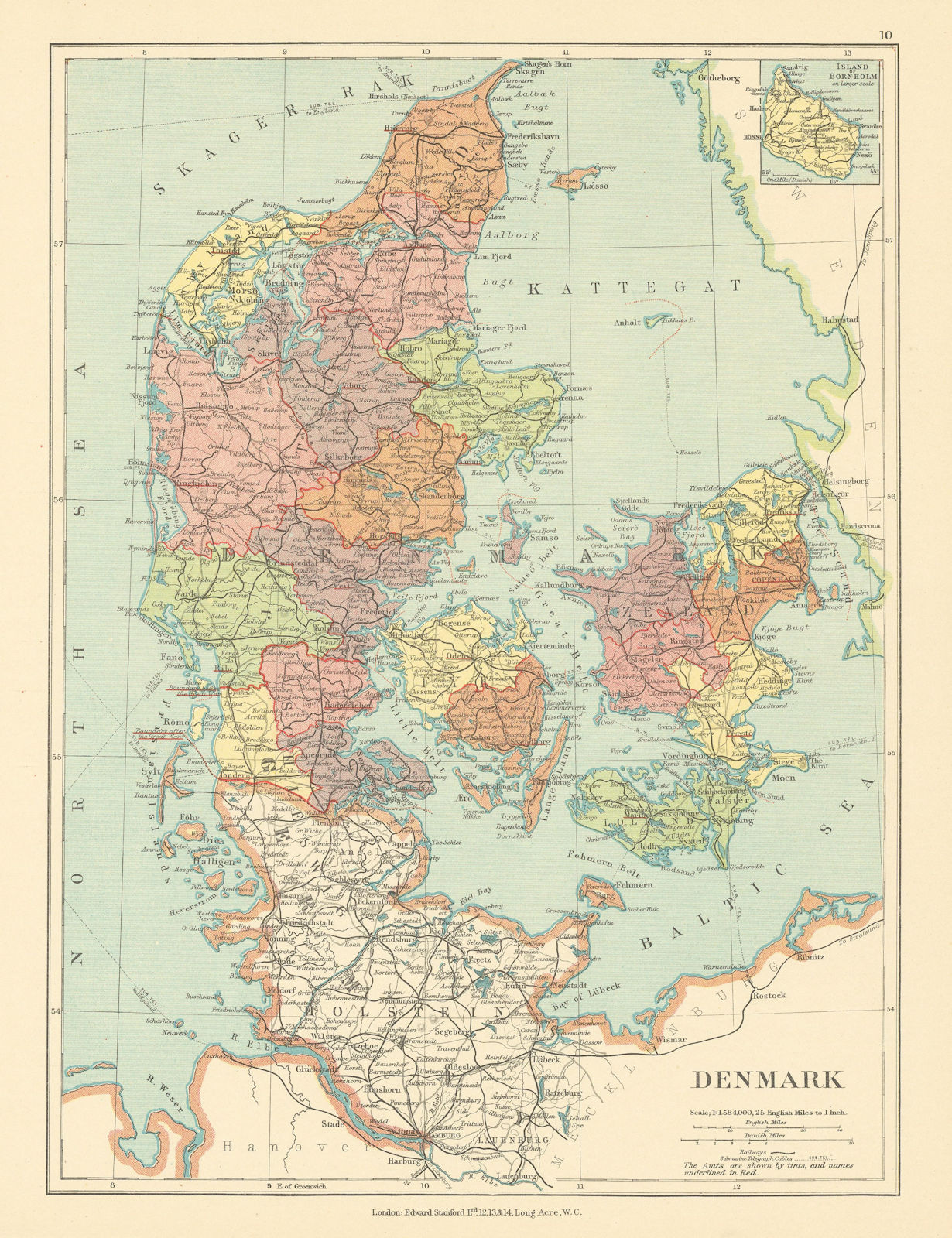 Denmark in counties / amter. Railways. STANFORD c1925 old vintage map chart