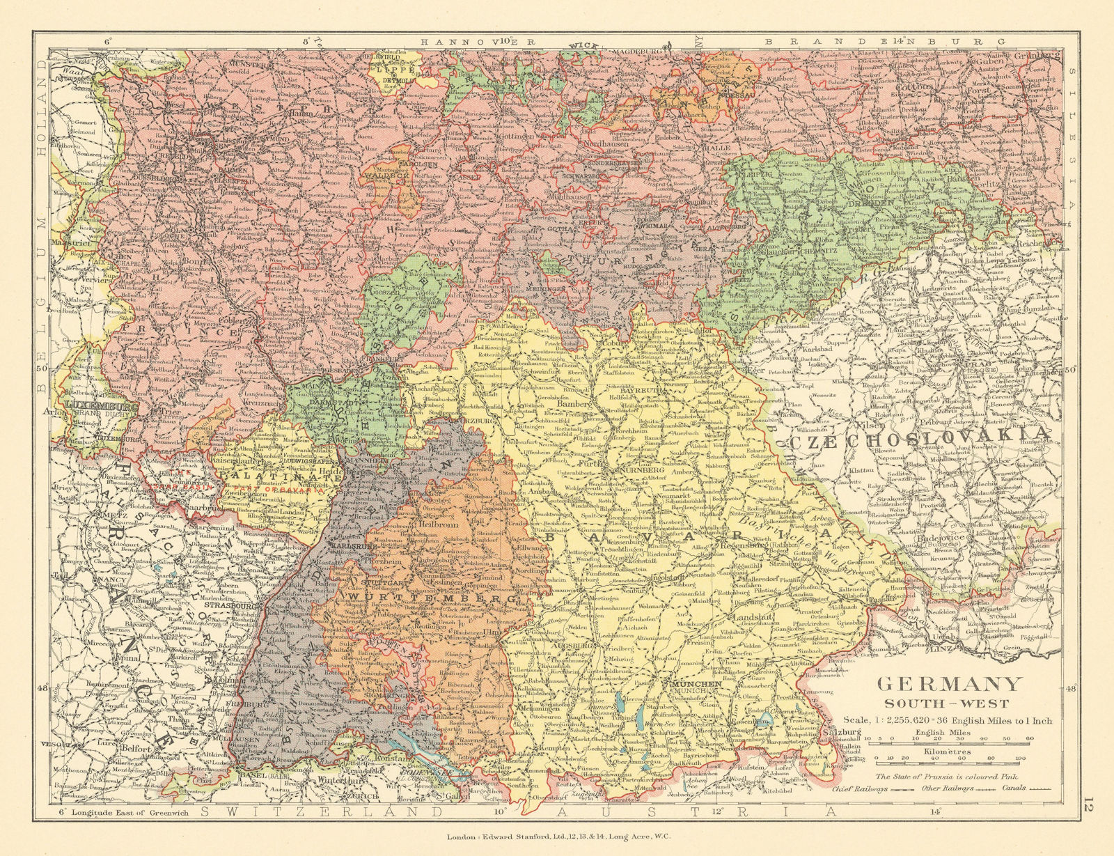 Germany South-West. Saar Basin Protectorate post-WW1. Bavaria STANFORD c1925 map