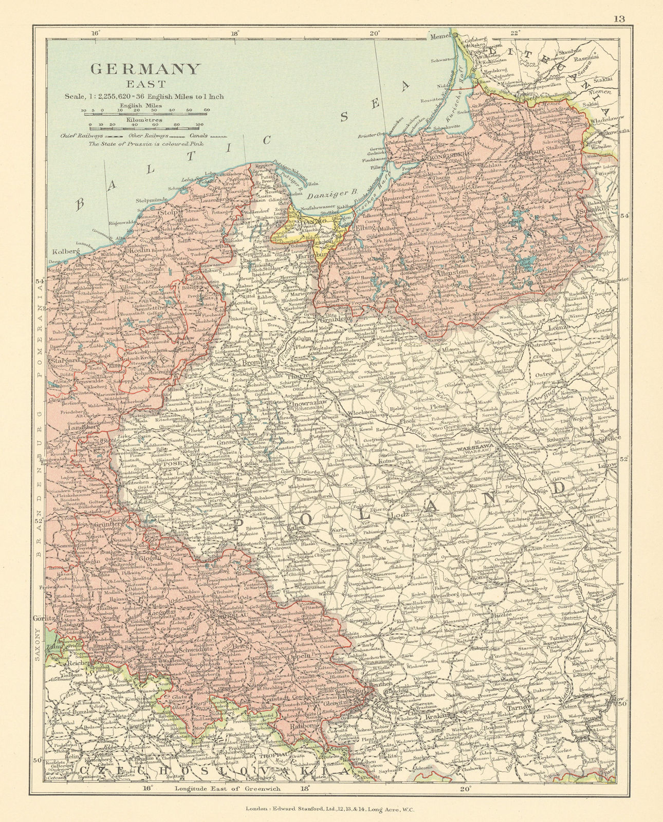 Germany East Prussia. Poland. Free City of Danzig. Gdansk. STANFORD c1925 map