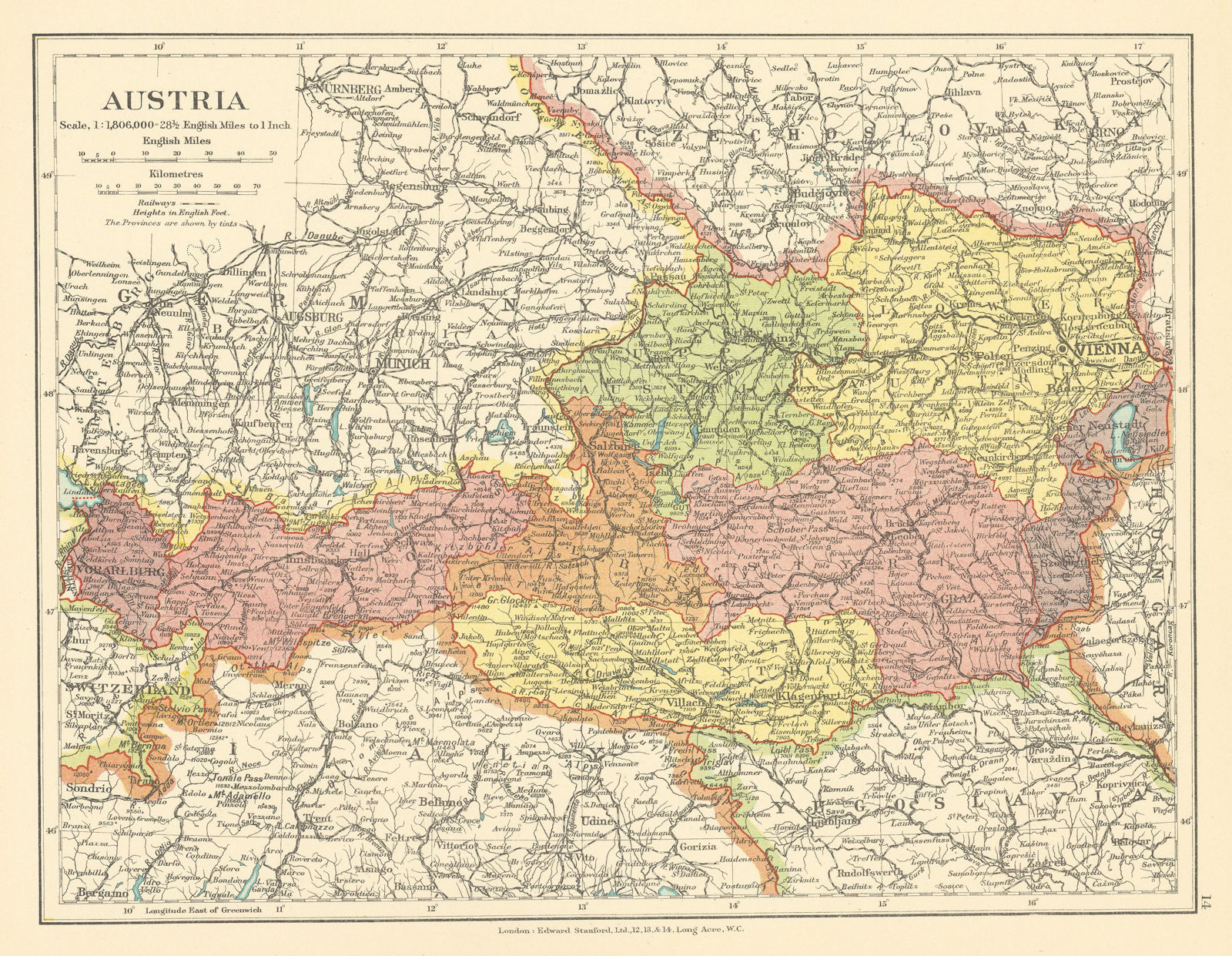 Austria in Länder/ states. STANFORD c1925 old vintage map plan chart