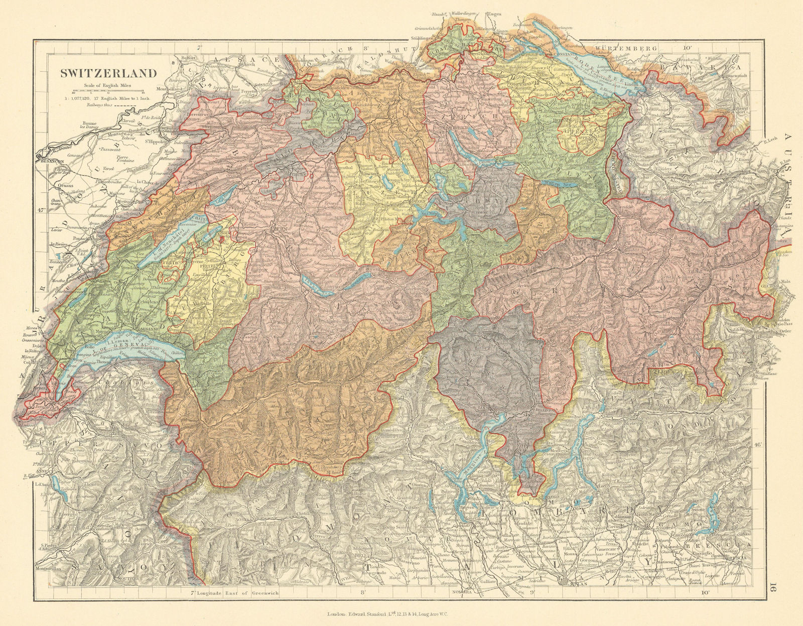 Switzerland in cantons. Italian Lakes. STANFORD c1925 old vintage map chart