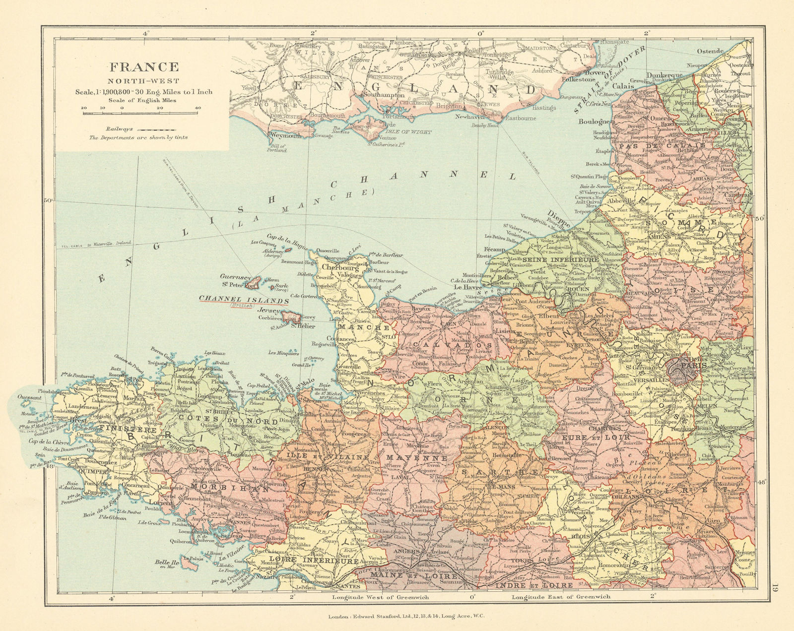 Associate Product France North-West. Britanny Normandy Loire hauts de France. STANFORD c1925 map