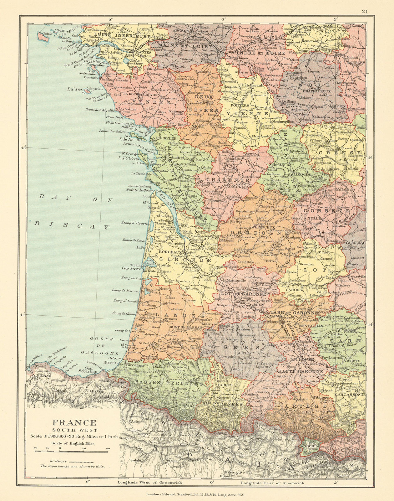 Associate Product France South-West. Nouvelle Aquitaine Pyrenees. STANFORD c1925 old vintage map