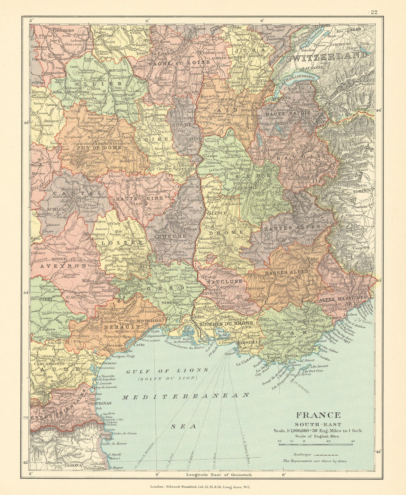 France South-East. Languedoc Rhone Provence Alpes Auvergne. STANFORD c1925 map