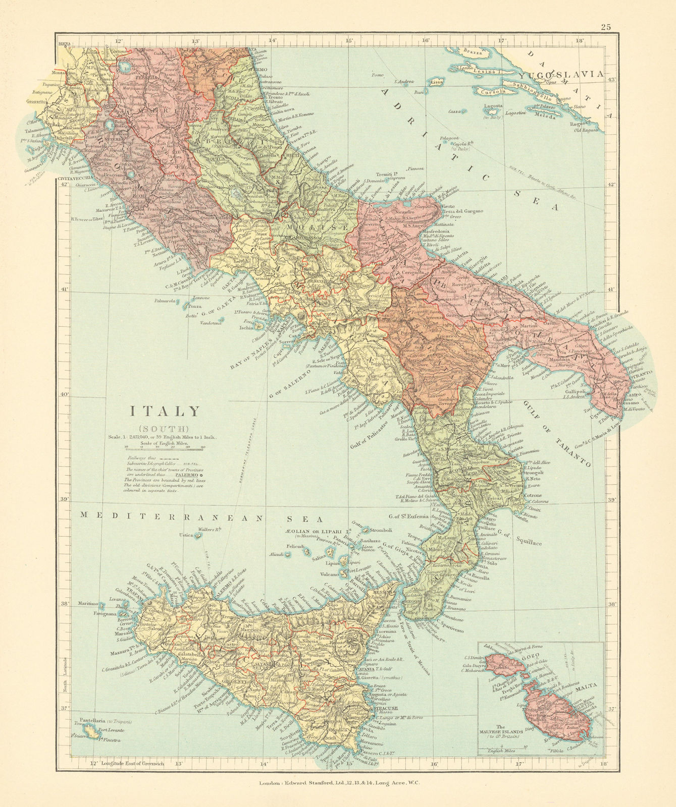 Southern Italy in regions. Malta & Gozo. STANFORD c1925 old vintage map chart