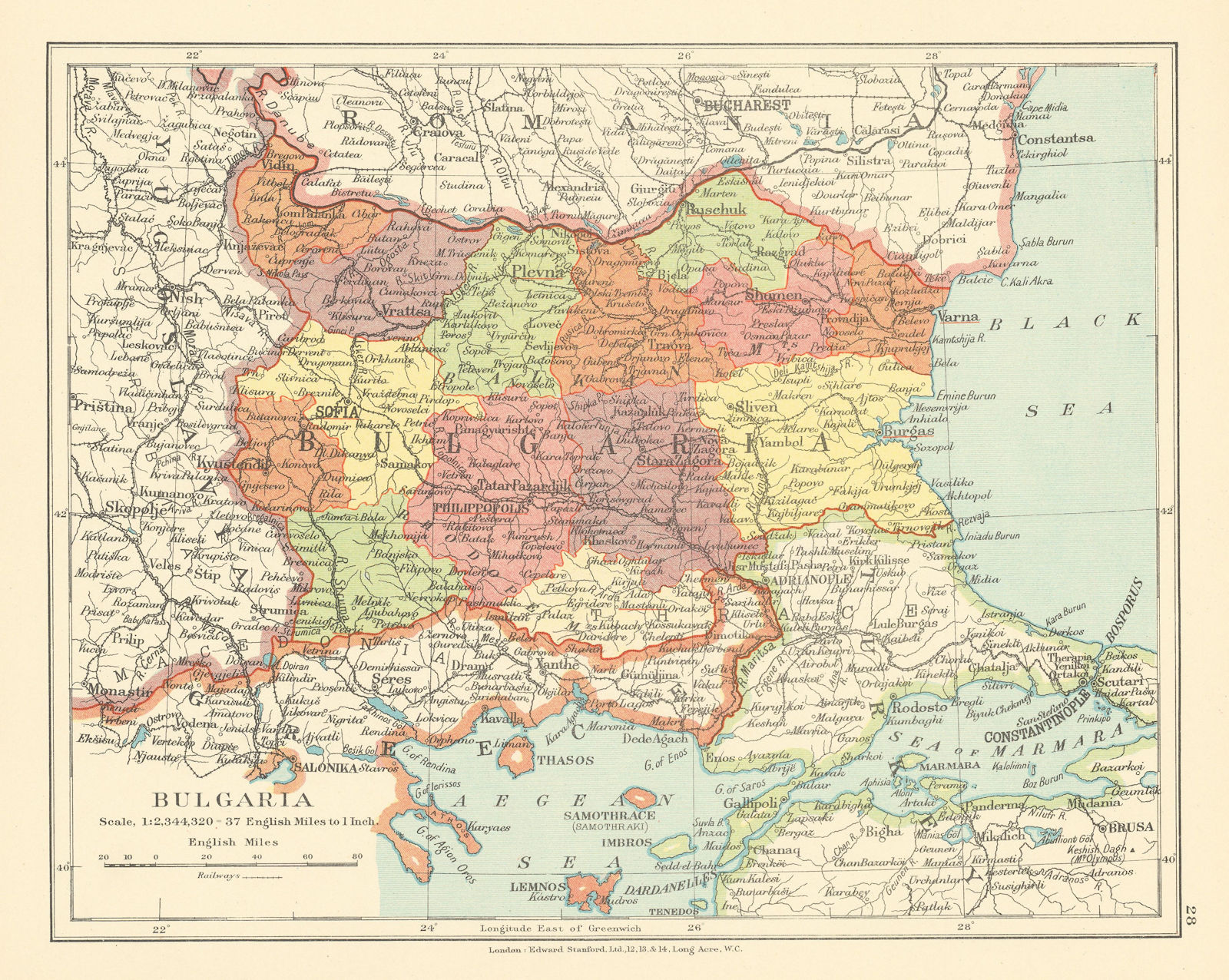 Associate Product Bulgaria in Provinces. Thrace. European Turkey. STANFORD c1925 old vintage map