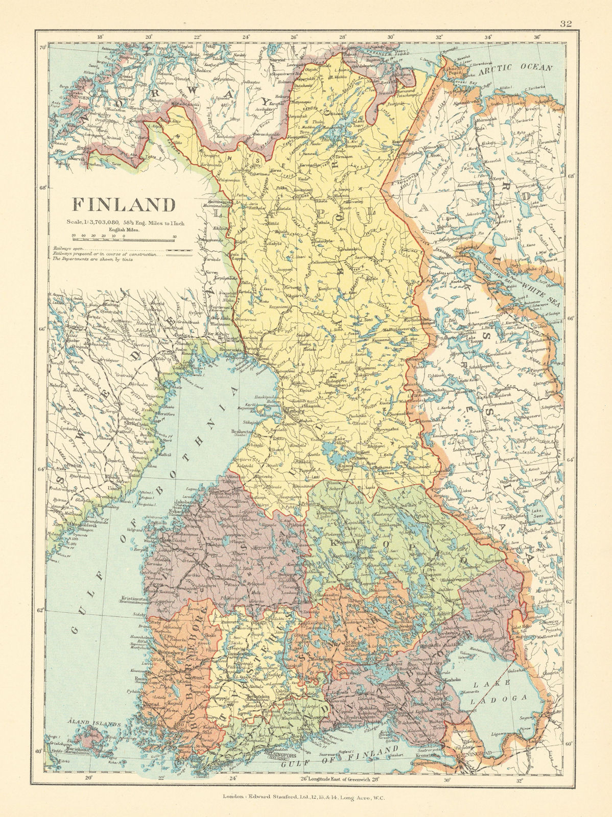 Associate Product Finland. Pre WW2 borders with Russia. Gulf of Bothnia. STANFORD c1925 old map