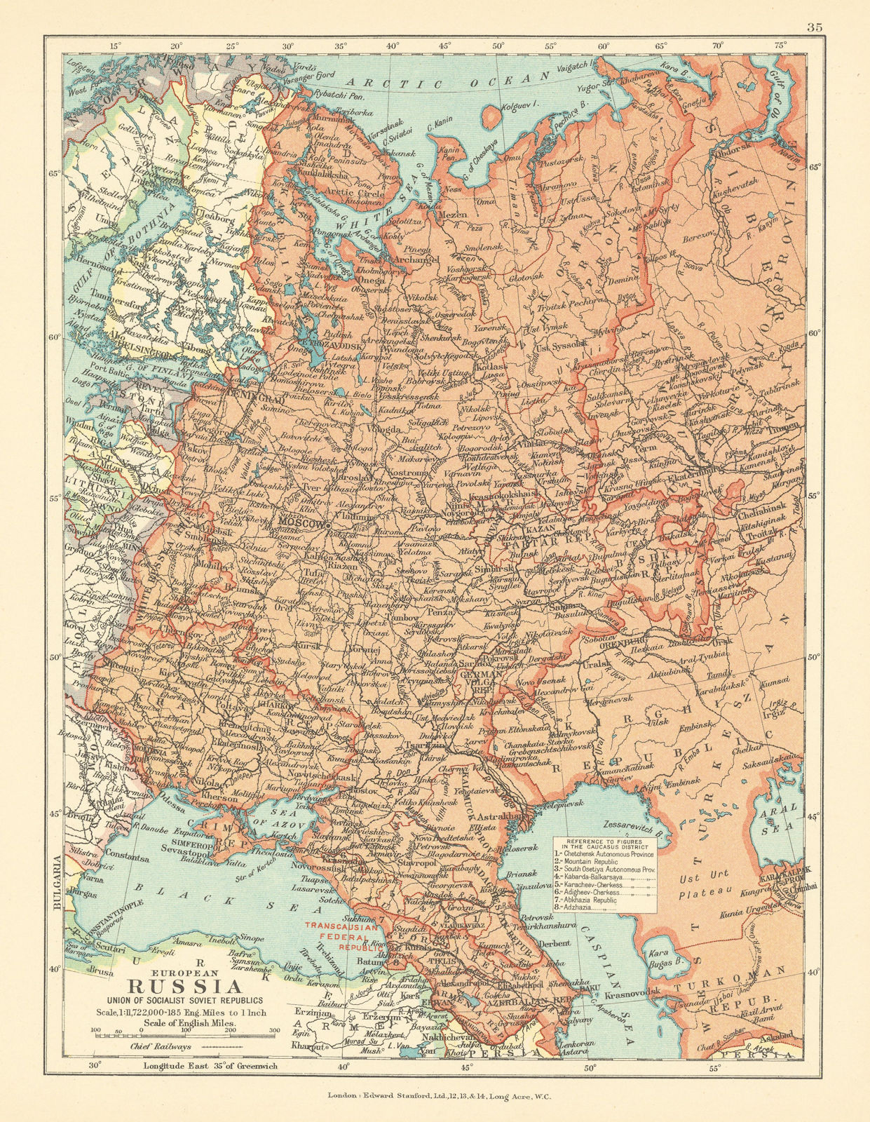 Associate Product European Russia, USSR. Transcaucasian Federal Republic. STANFORD c1925 old map