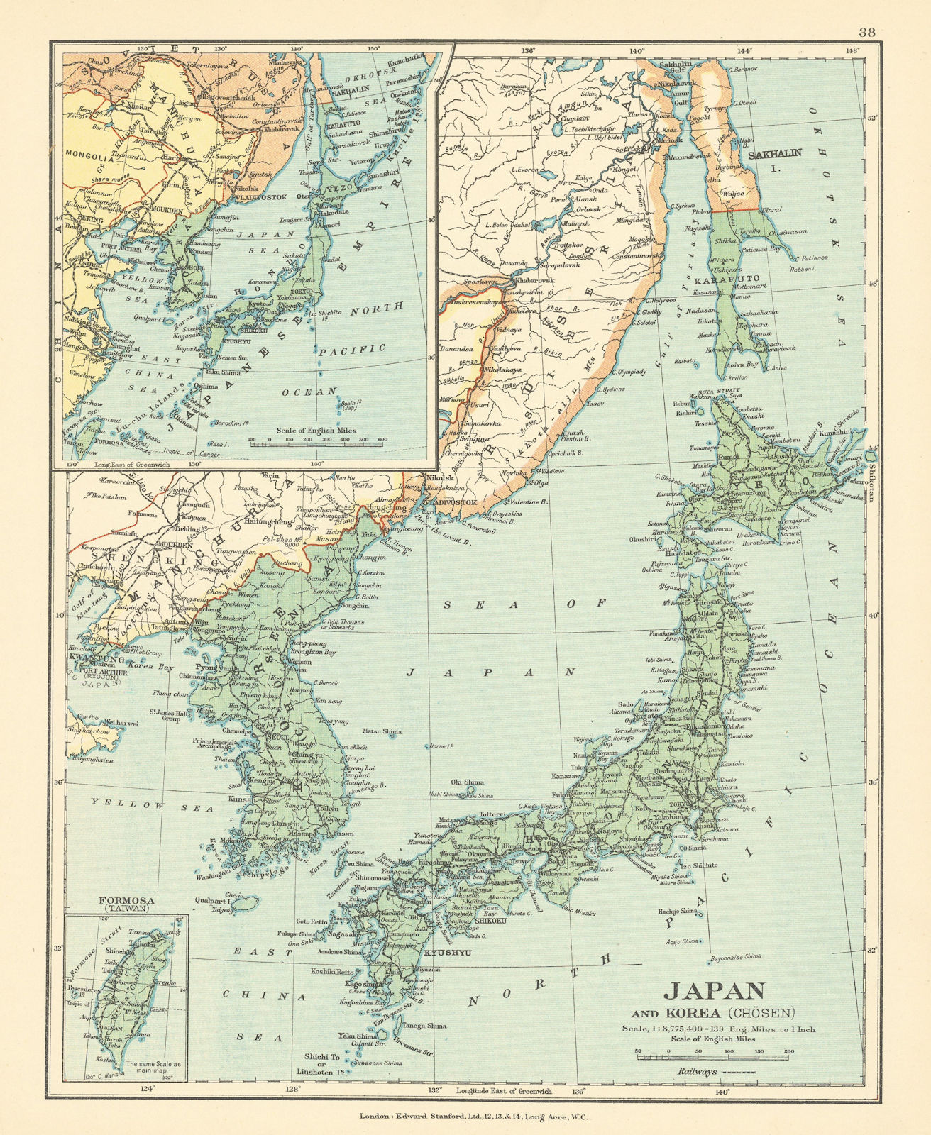 Japan & Korea (Chosen) inc. Southern Sakhalin. Tawain Formosa STANFORD c1925 map
