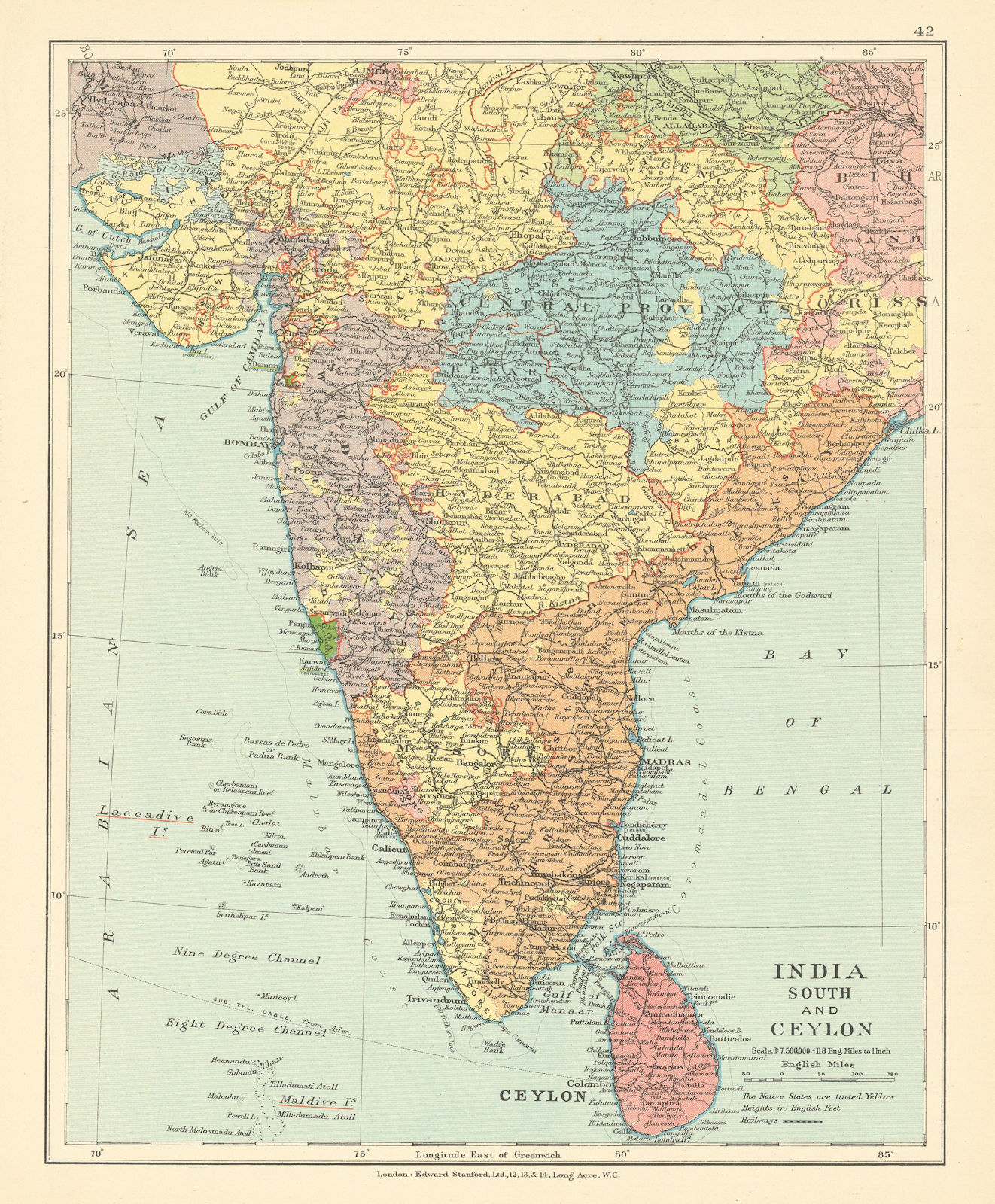 British India South and Ceylon. Sri Lanka. Native States. STANFORD c1925 map