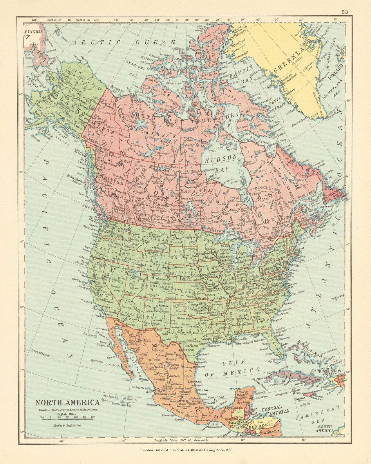 North America. United States Canada Mexico Greenland. STANFORD c1925 old map