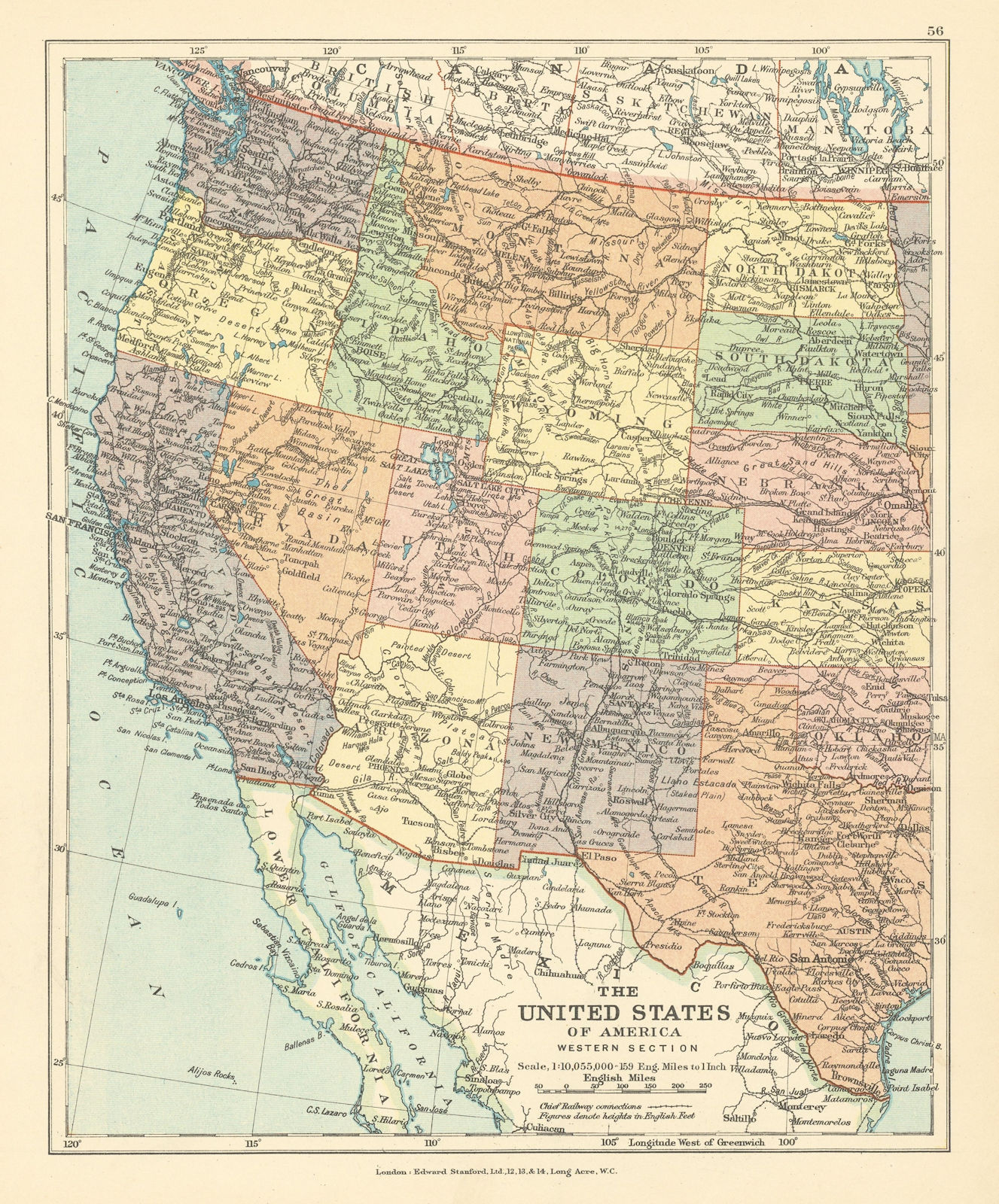 United States of America, Western Section. USA. STANFORD c1925 old vintage map
