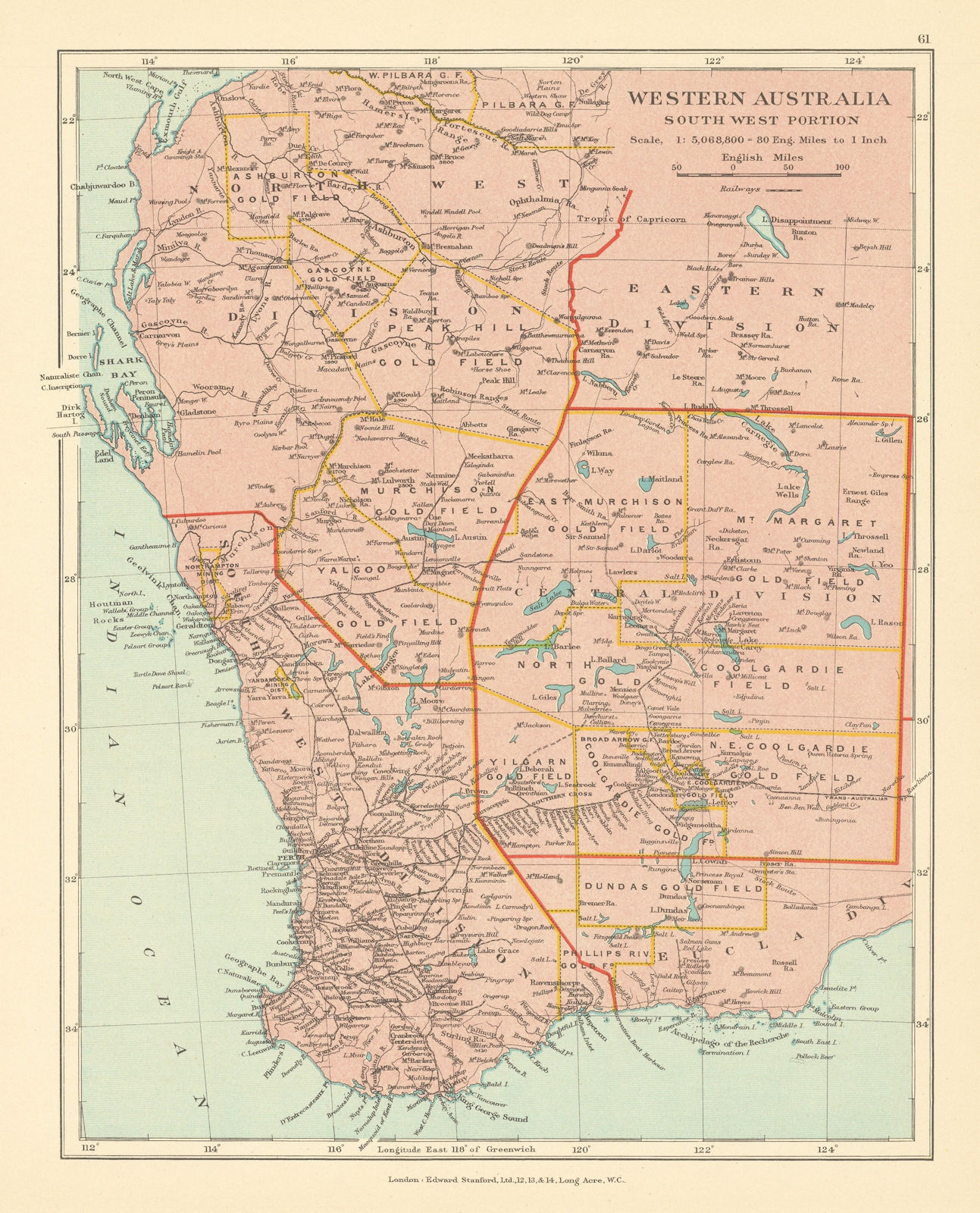 Western Australia, South-West Portion. Goldfields. Perth. STANFORD c1925 map