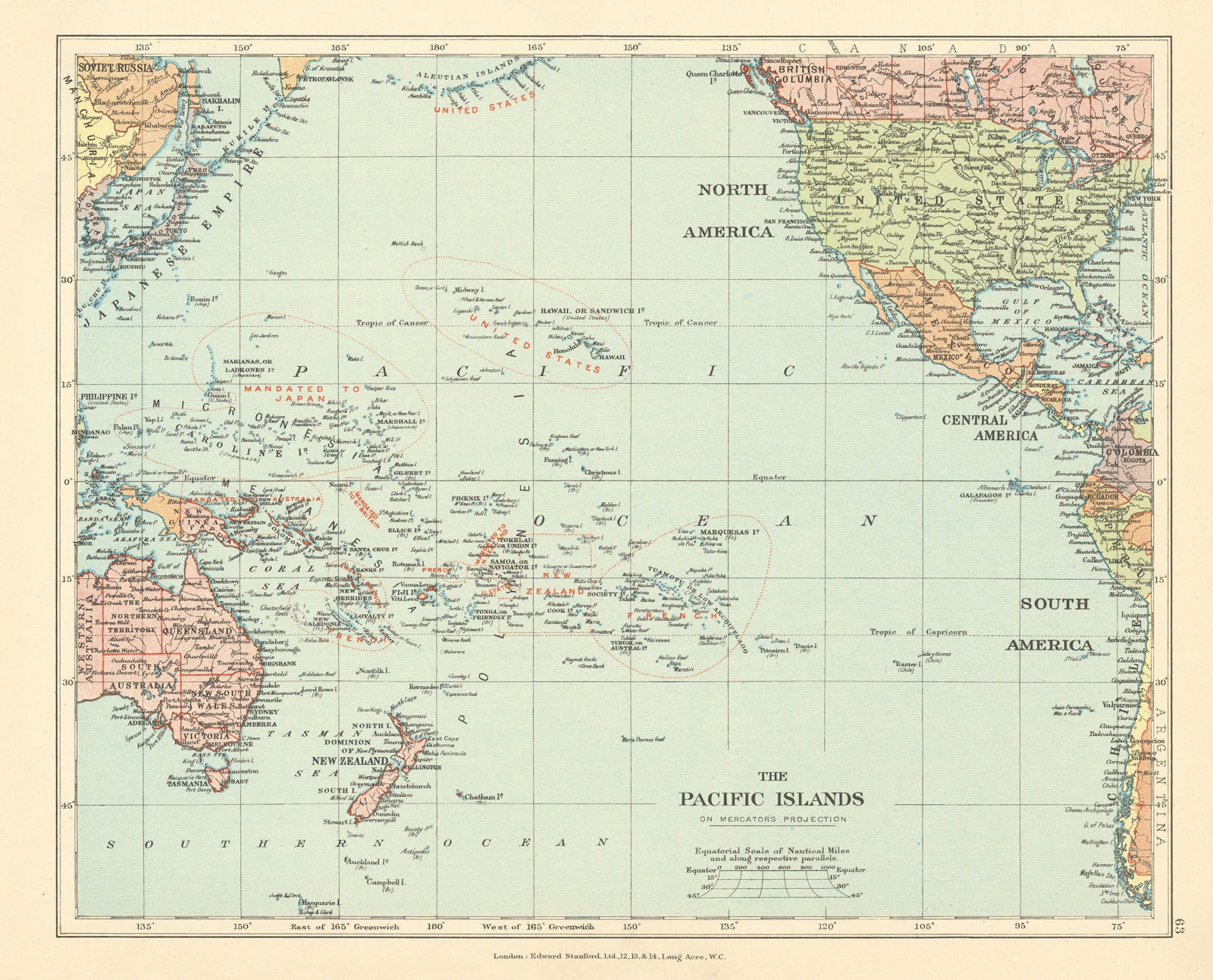 Associate Product Pacific Islands & Ocean. Micronesia mandated to Japan. STANFORD c1925 old map
