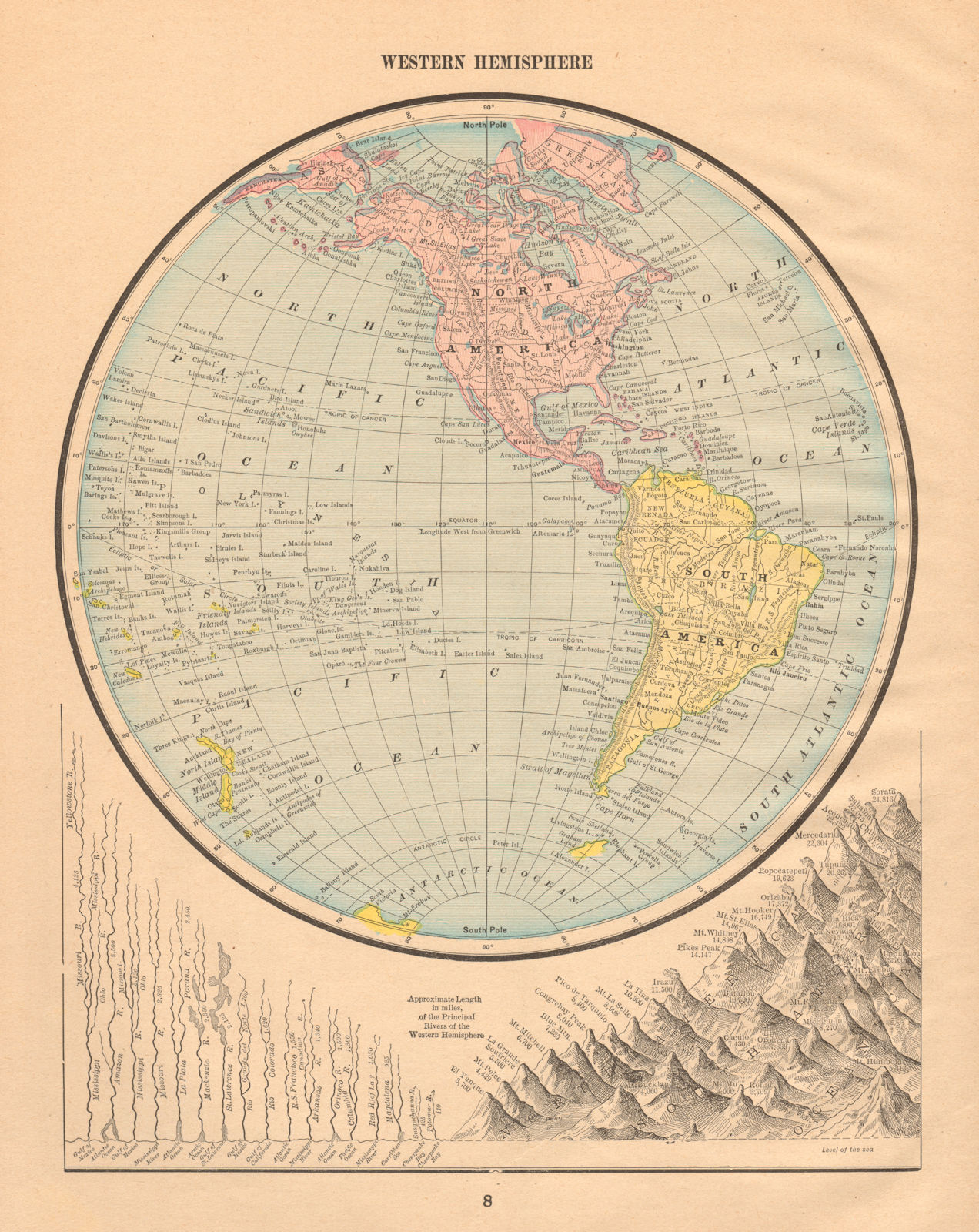 Associate Product Western Hemisphere. Mountains & Rivers. Americas. CRAM 1894 old antique map