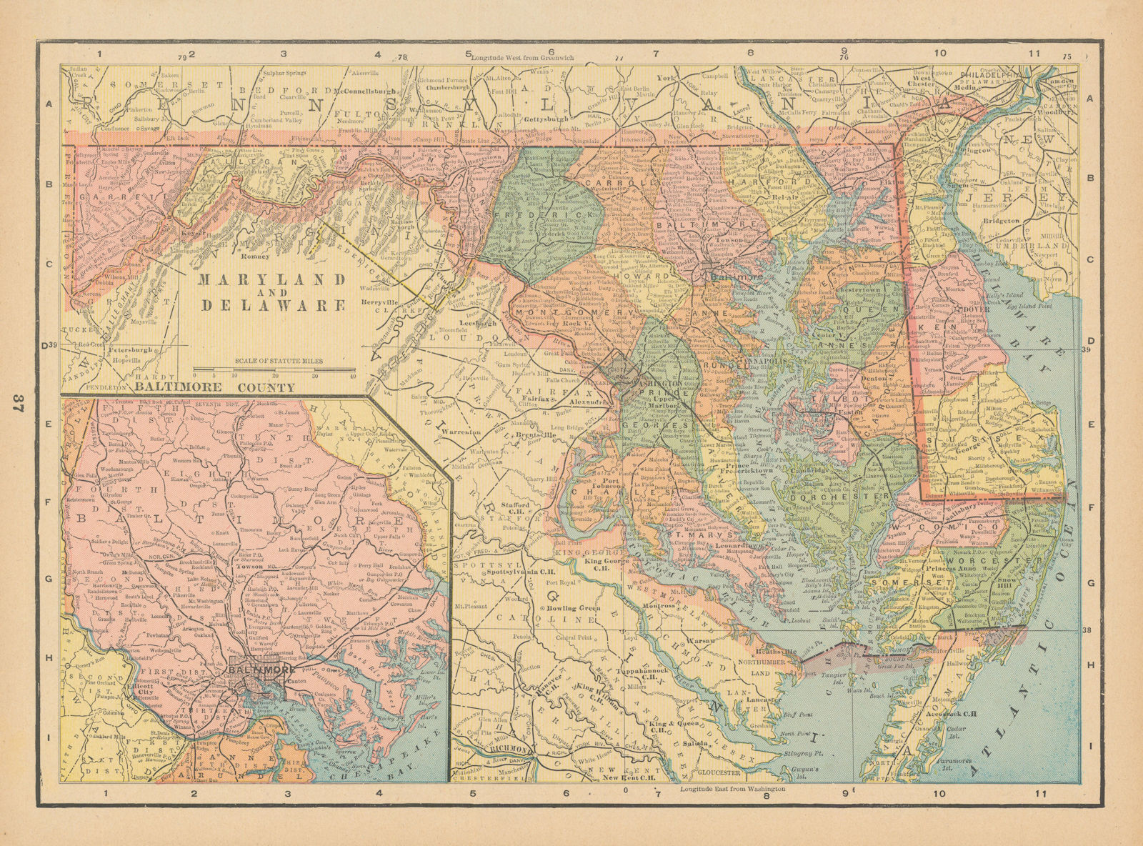 Maryland and Delaware. Baltimore County state map in counties. CRAM 1894