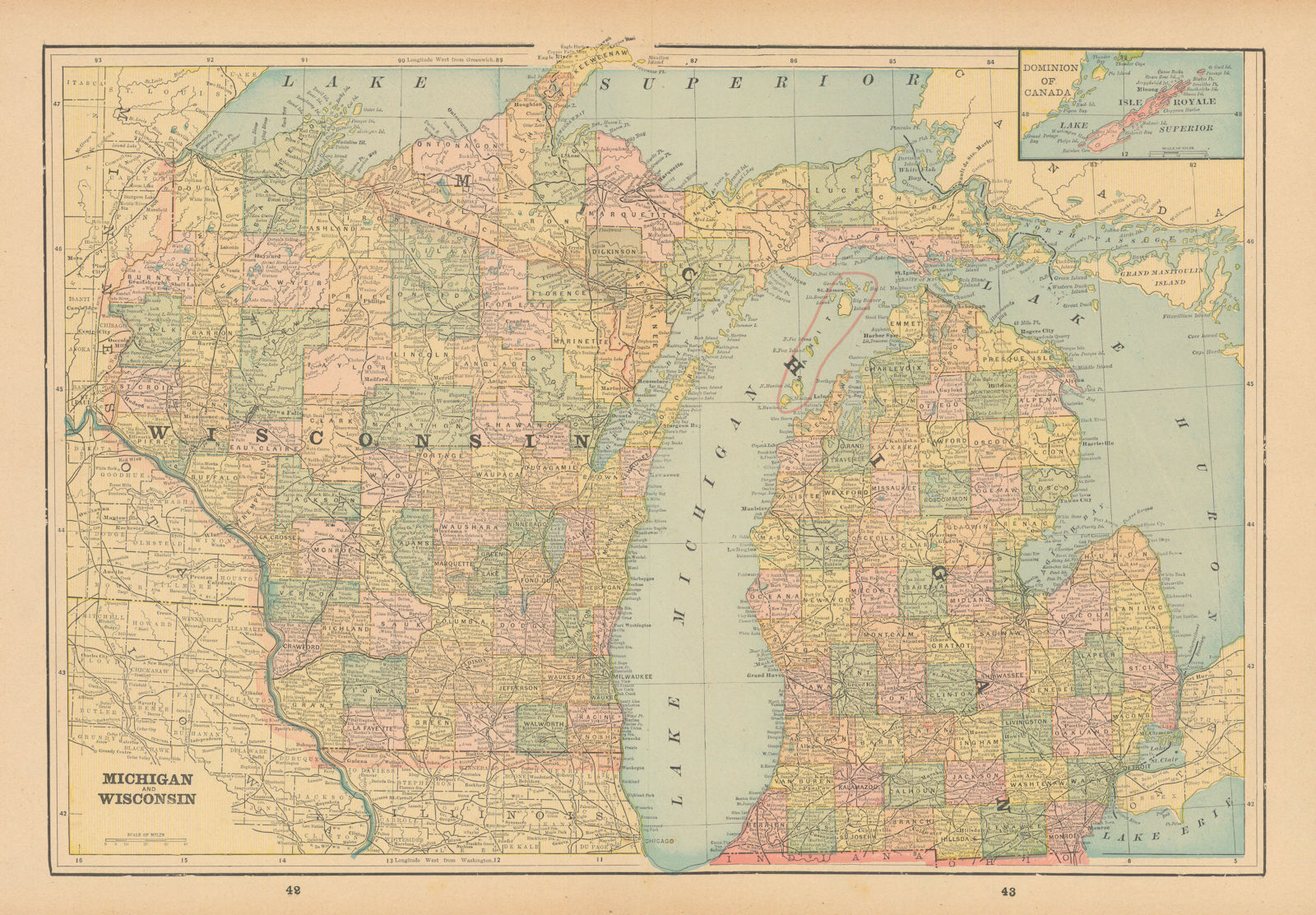 Michigan and Wisconsin state map in counties. CRAM 1894 old antique chart