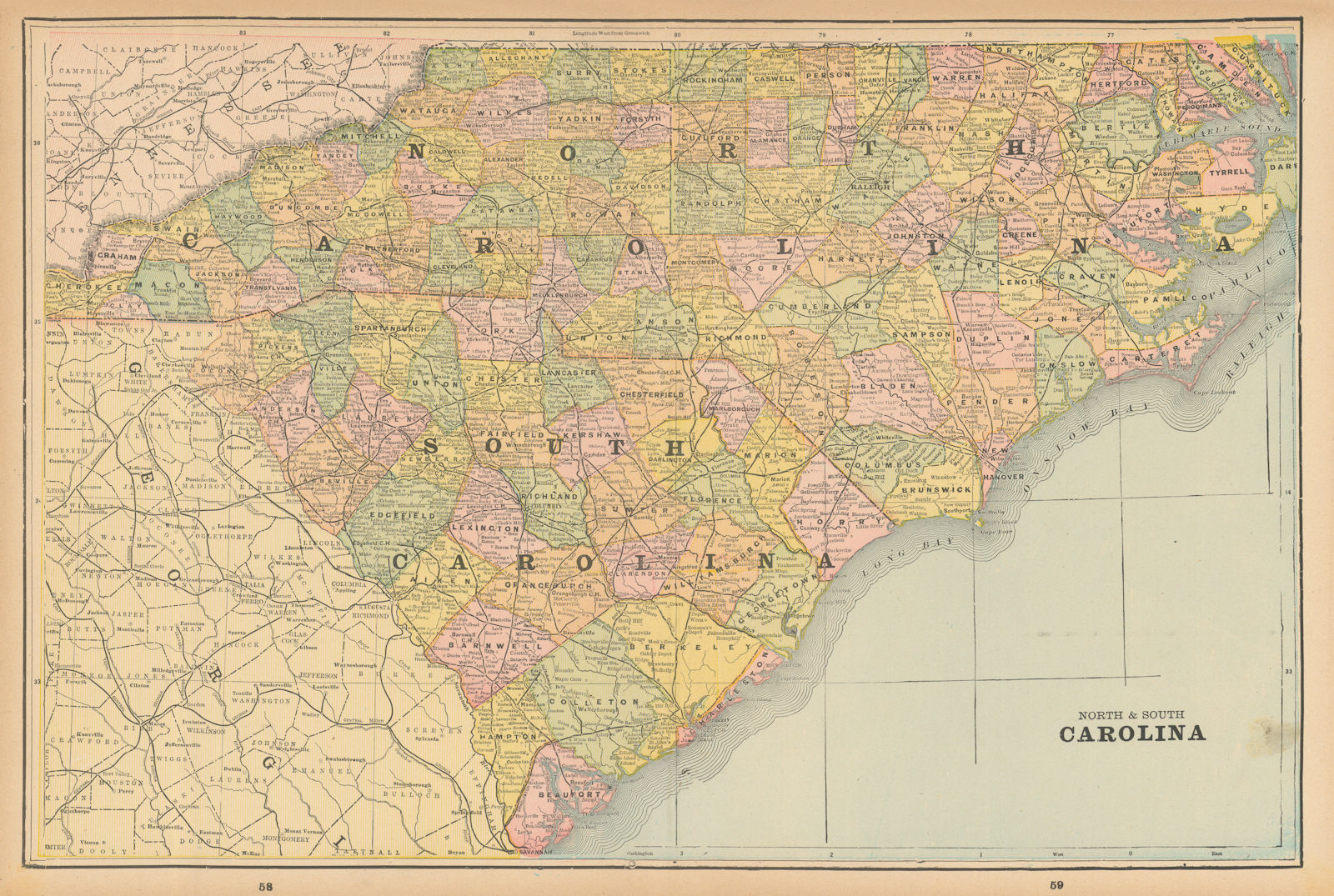 Associate Product North & South Carolina state map in counties. CRAM 1894 old antique chart