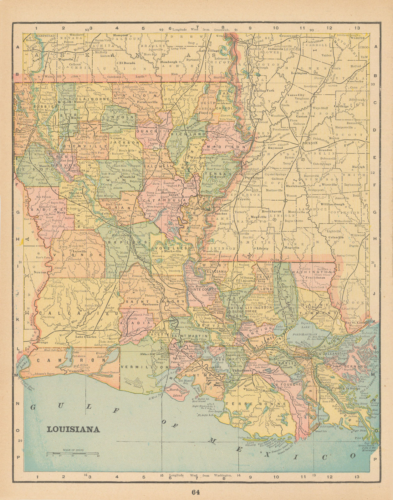 Louisiana state map in parishes. CRAM 1894 old antique vintage plan chart