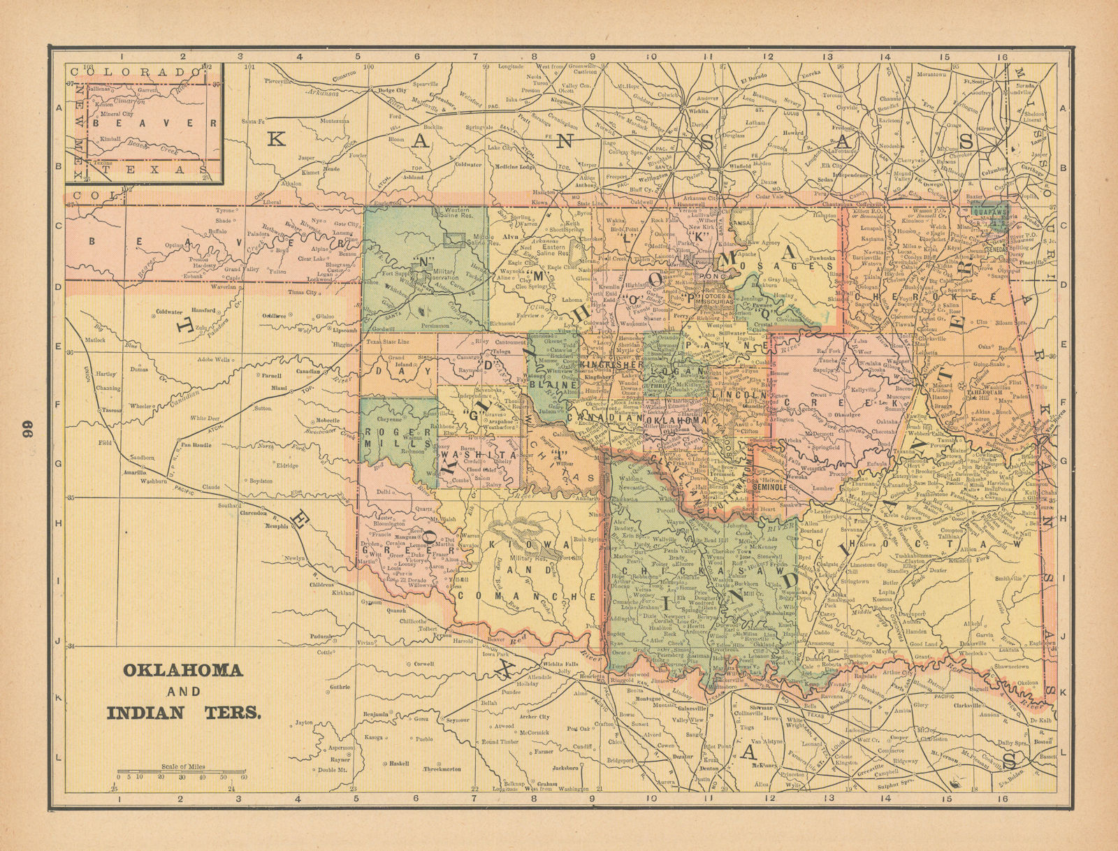 Oklahoma and Indian Territory state map in counties. CRAM 1894 old antique