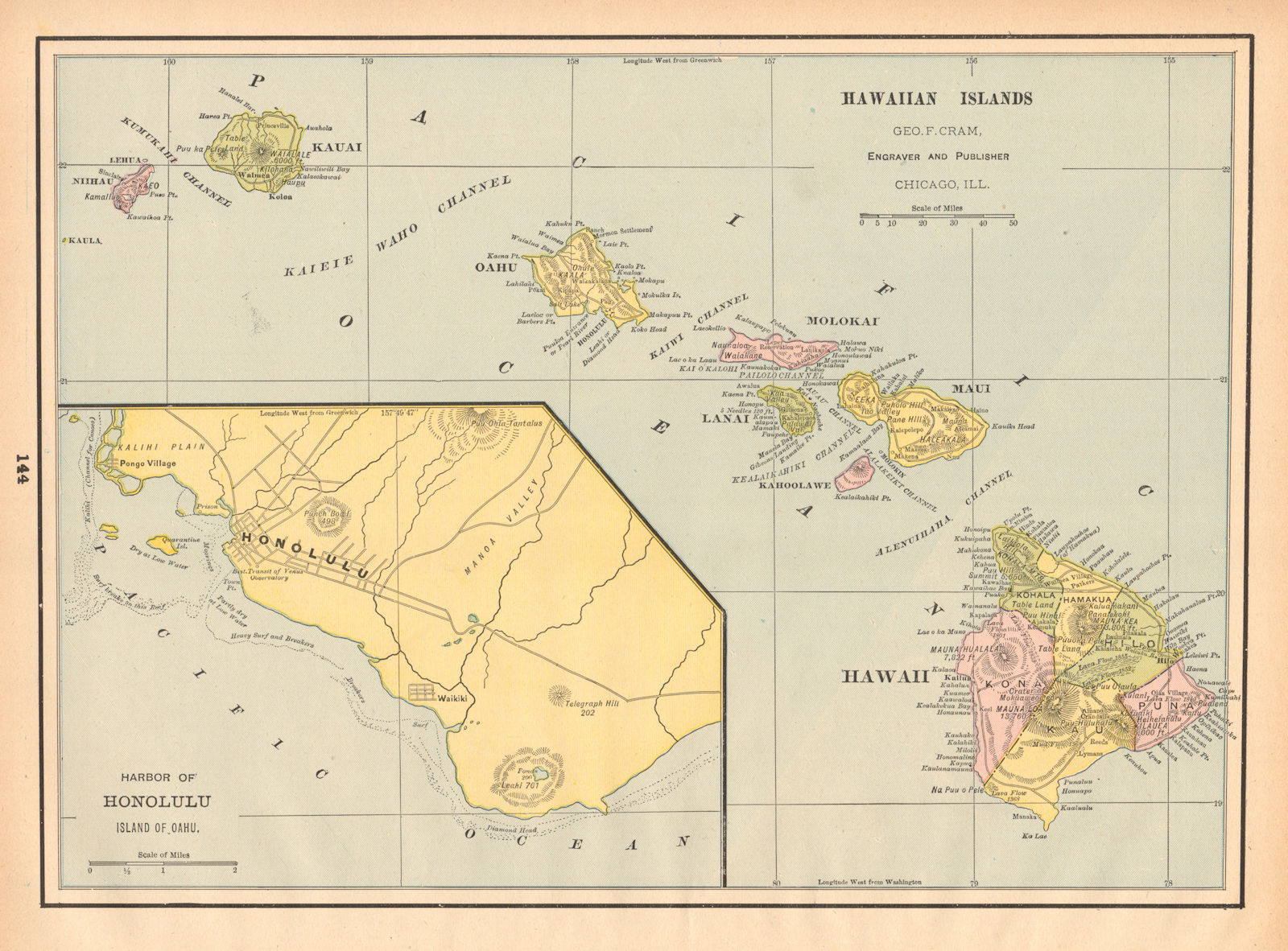 Hawaiian Islands. Harbor of Honolulu, Oahu. CRAM 1894 old antique map chart