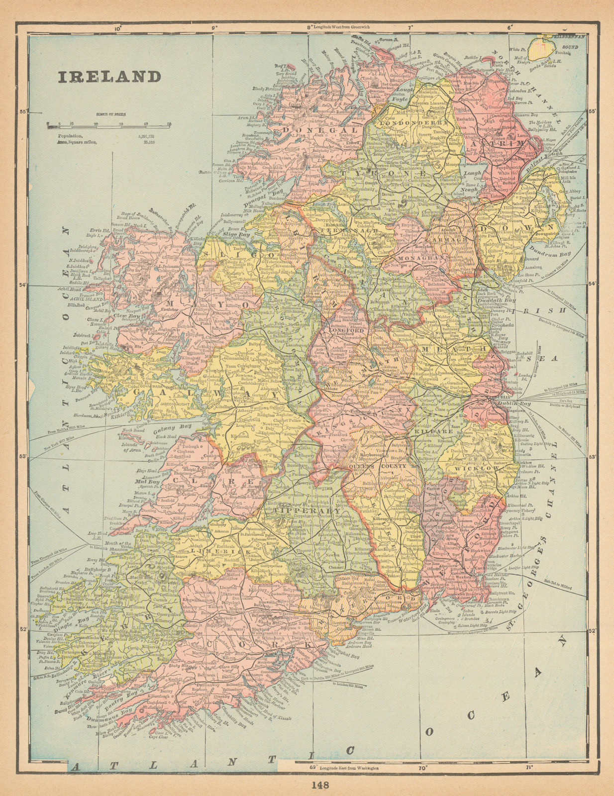 Ireland. Provinces, counties & railways. CRAM 1894 old antique map plan chart