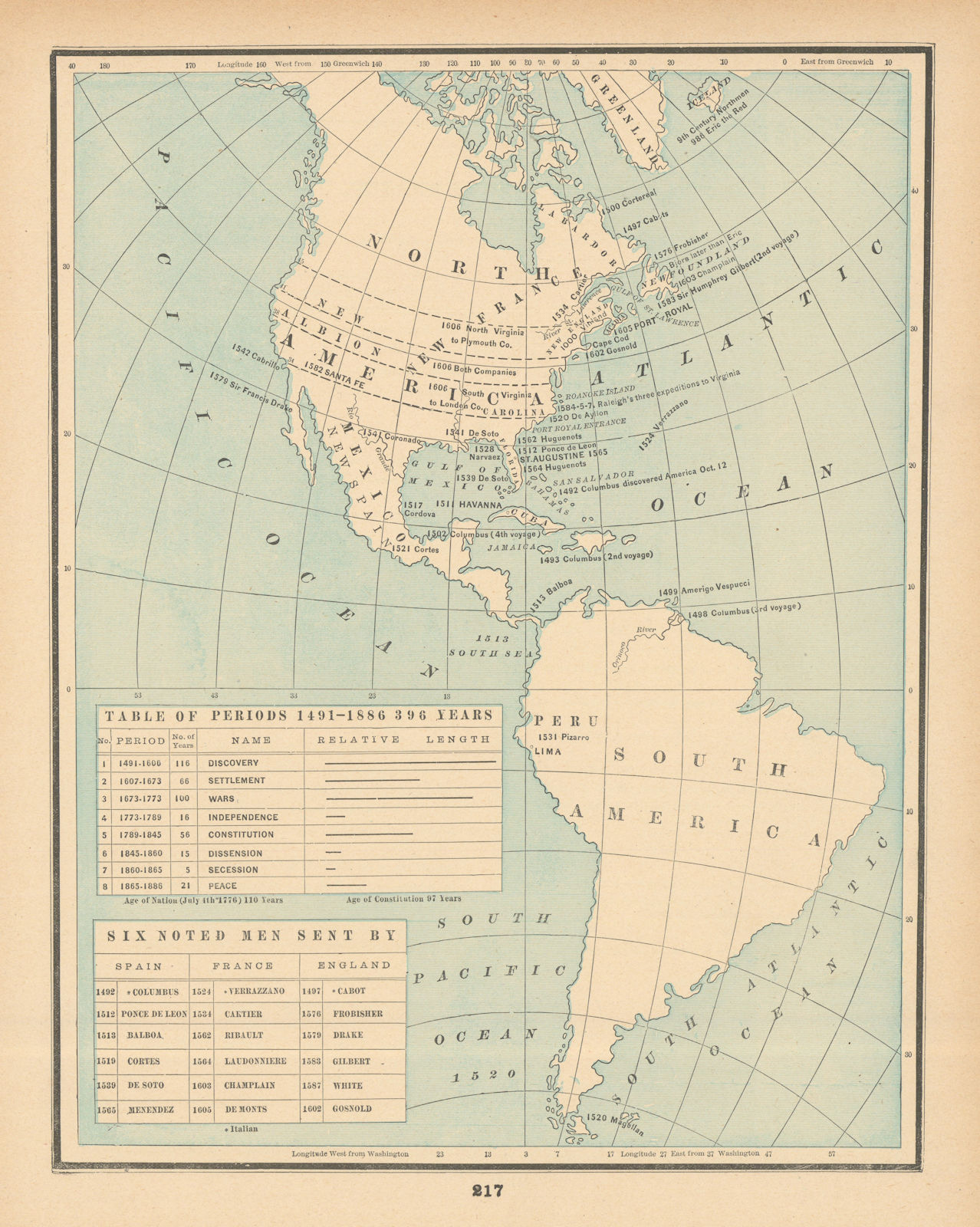 United States Historical I. Discovery 900-1606. CRAM 1894 old antique map