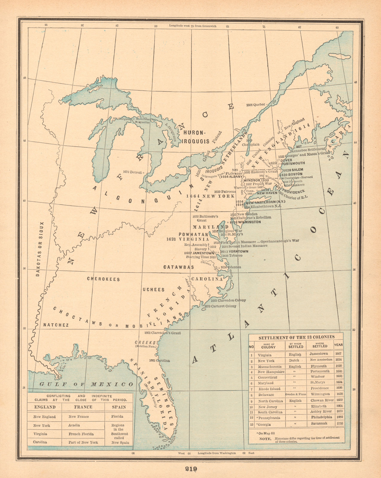 United States Historical II. Settlement 1607-1673. CRAM 1894 old antique map