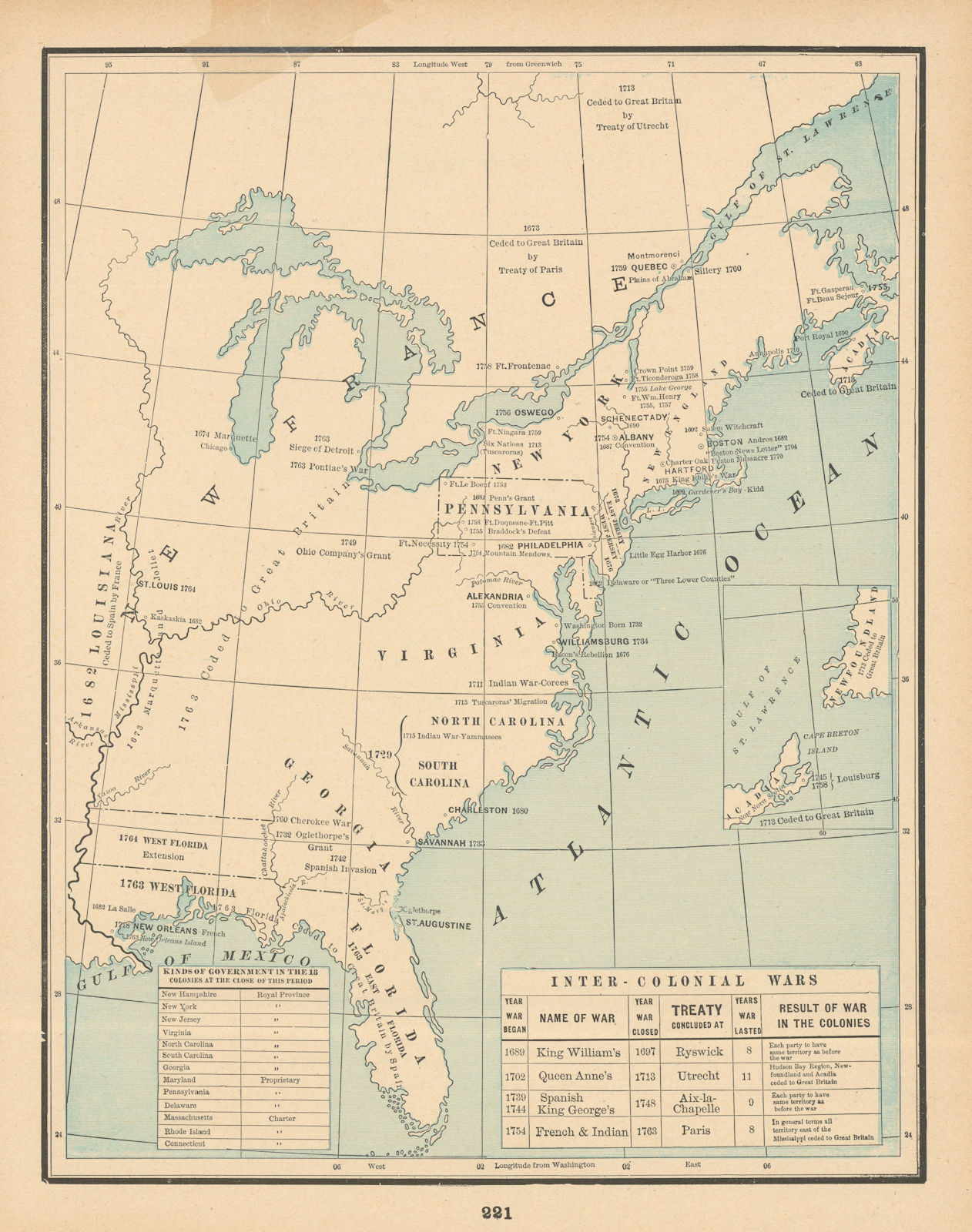 United States Historical III. Wars 1673-1773. CRAM 1894 old antique map chart