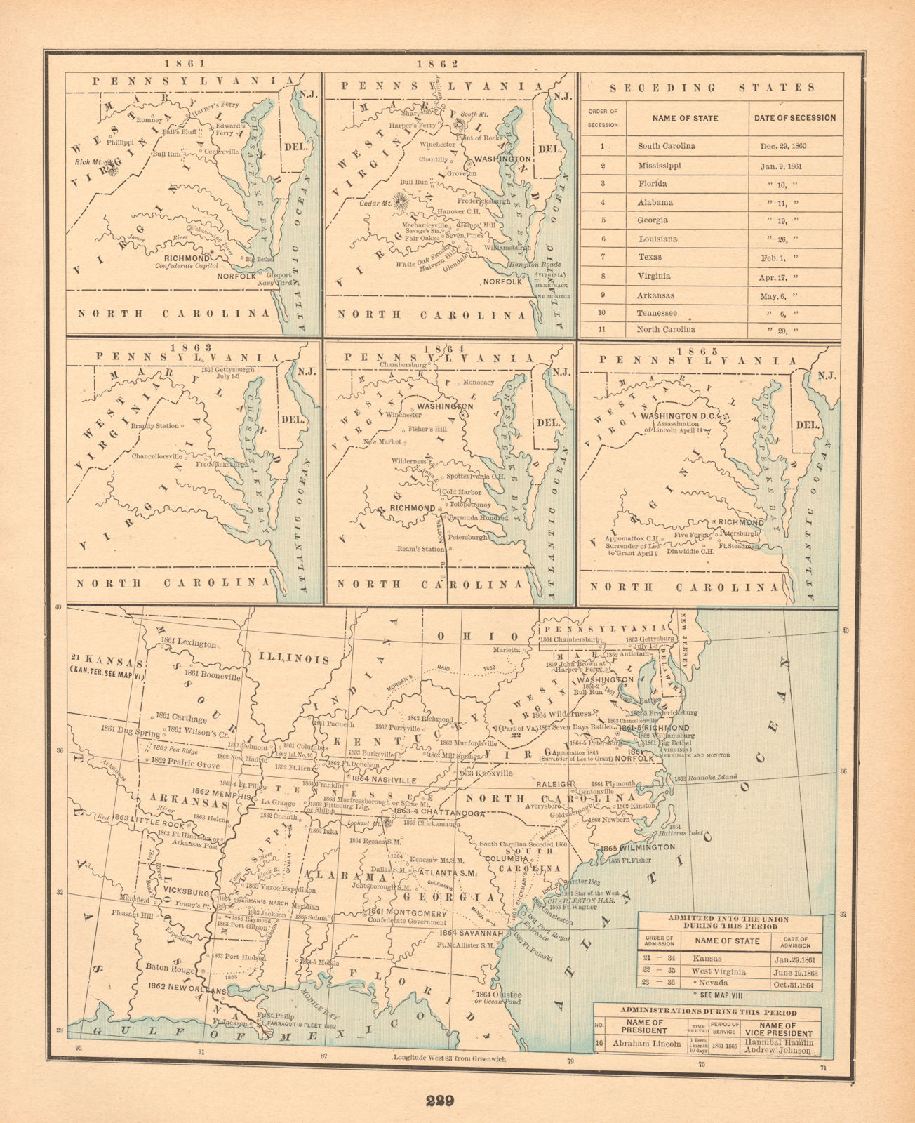 Associate Product United States Historical VII. Secession 1860-1865. CRAM 1894 old antique map