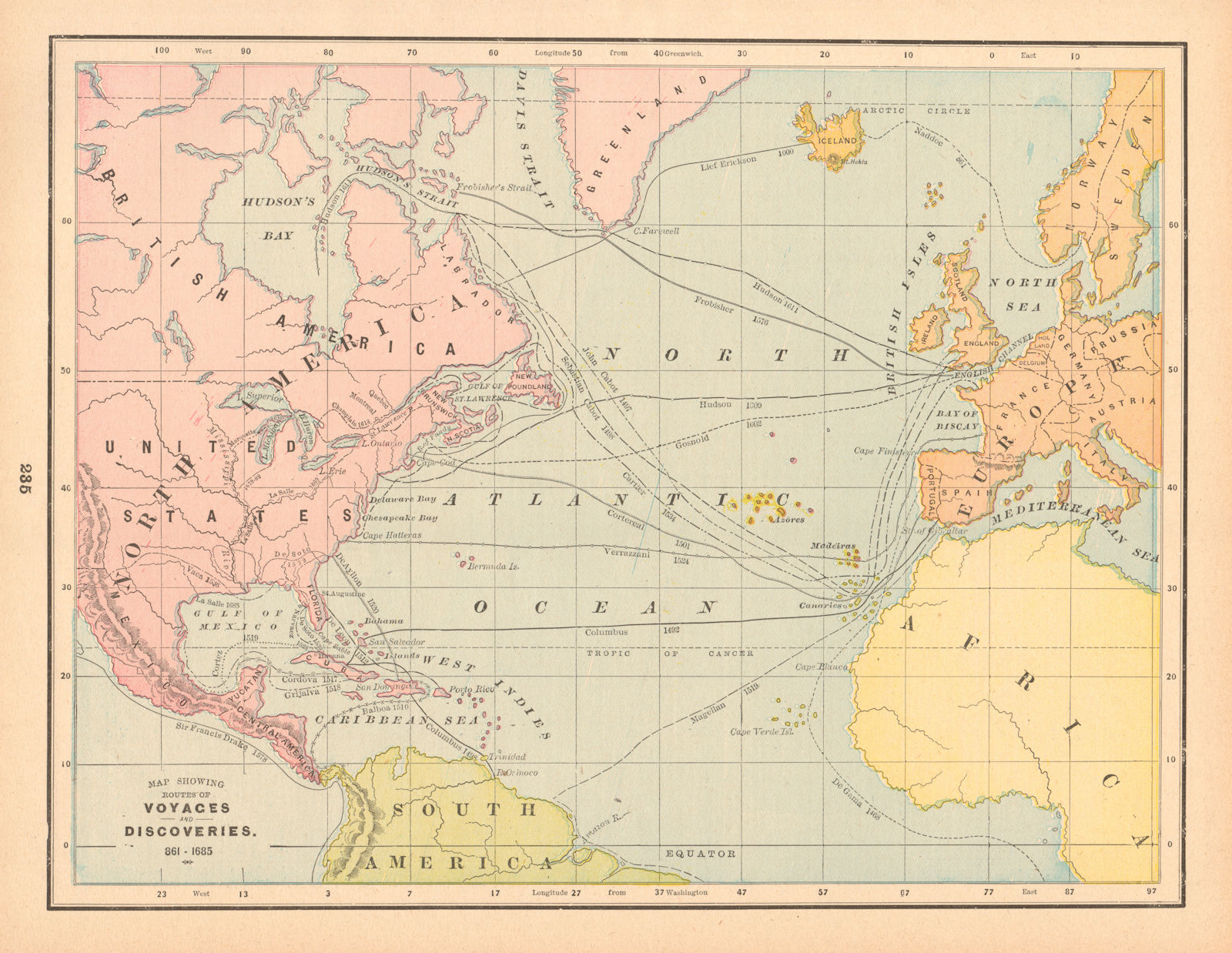 Associate Product Routes of Voyages & Discoveries, 861-1685. North Atlantic/America. CRAM 1894 map