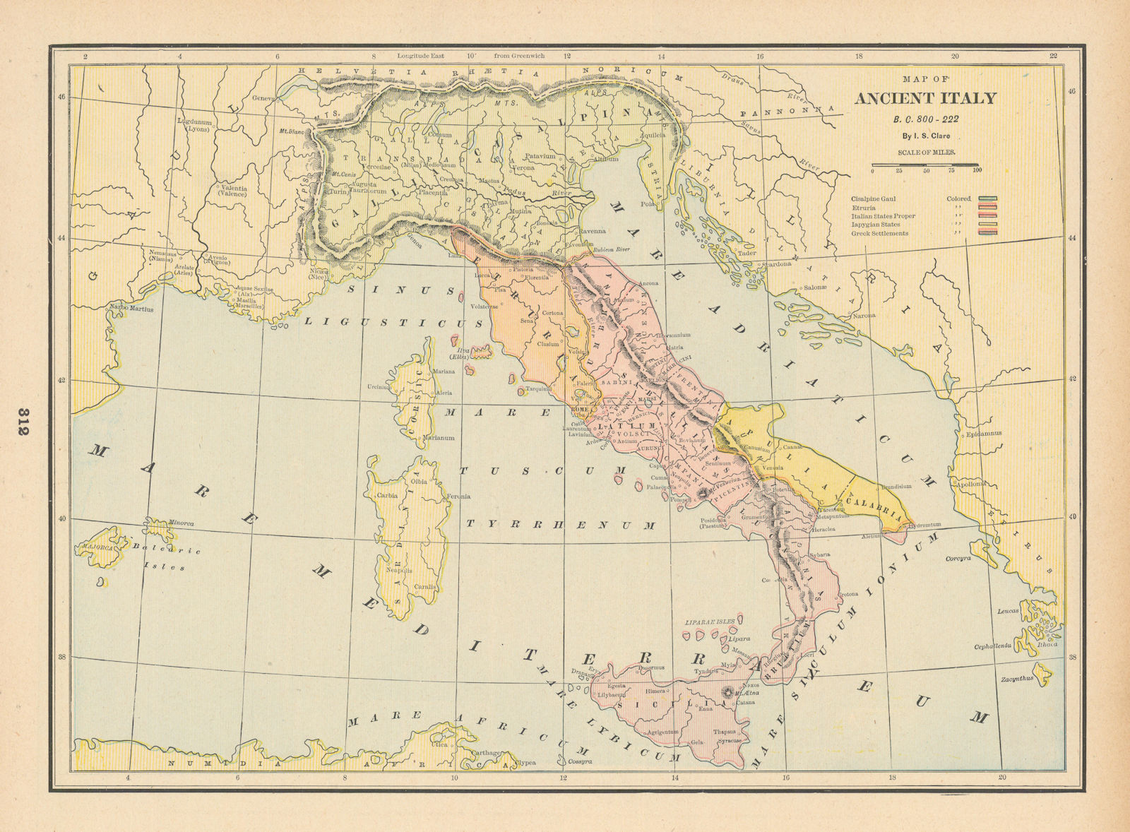 Map of Ancient Italy, BC 800-222. CLARE 1894 old antique plan chart