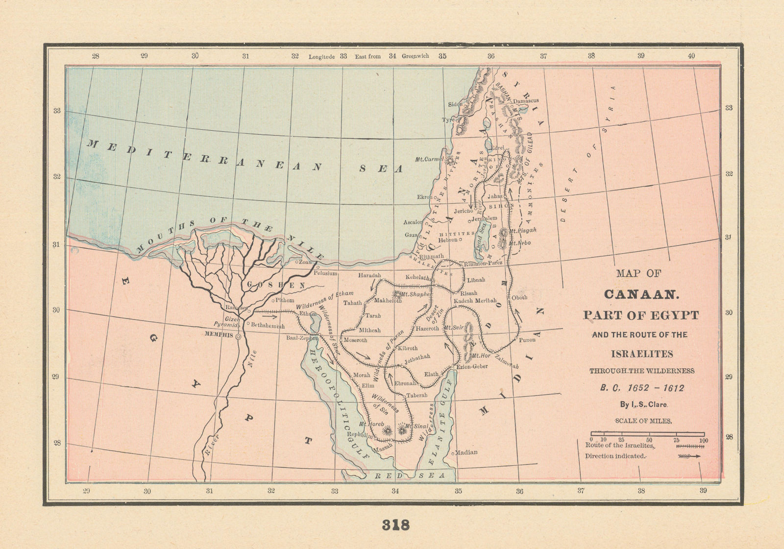 Associate Product Canaan Egypt. Israelites route through the Wilderness 1652-1612 BC 1894 map