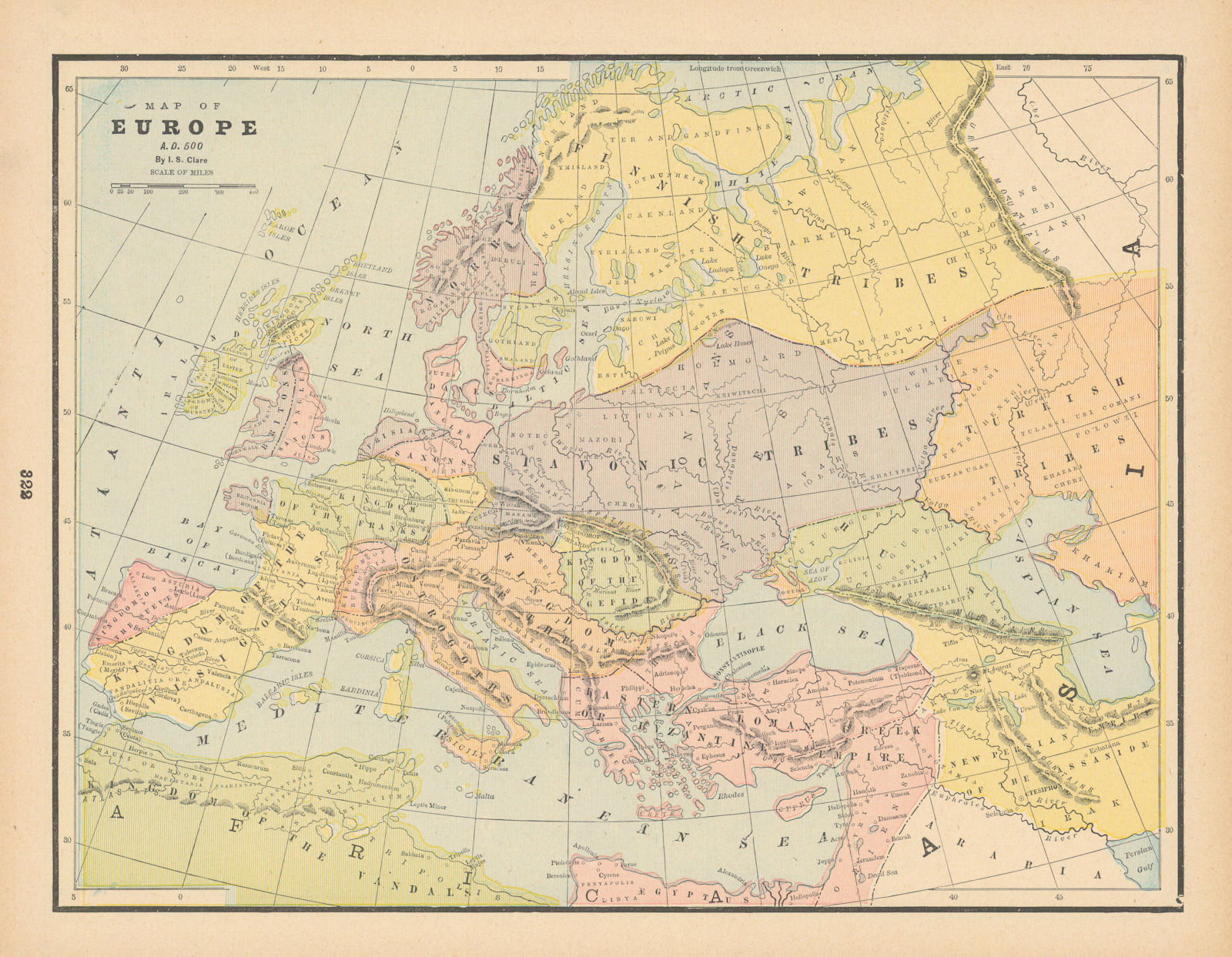 Associate Product Map of Europe, AD 500 by I.S. CLARE 1894 old antique vintage plan chart