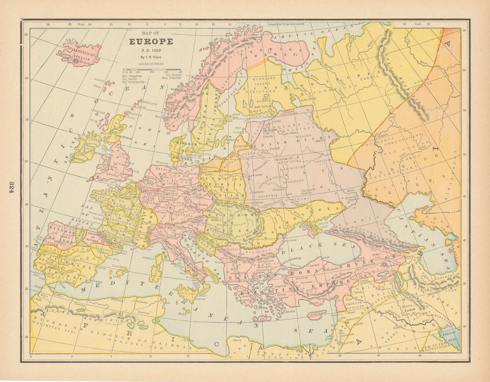 Associate Product Map of Europe, AD 1000 by I.S. CLARE 1894 old antique vintage plan chart