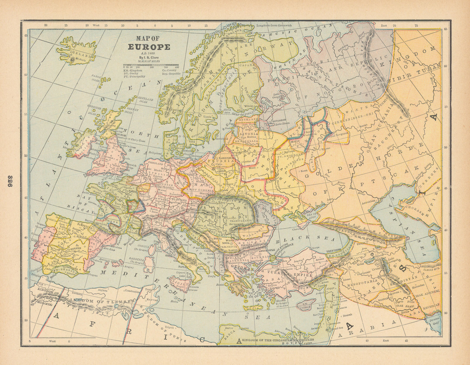 Associate Product Map of Europe, AD 1400 by I.S. CLARE 1894 old antique vintage plan chart