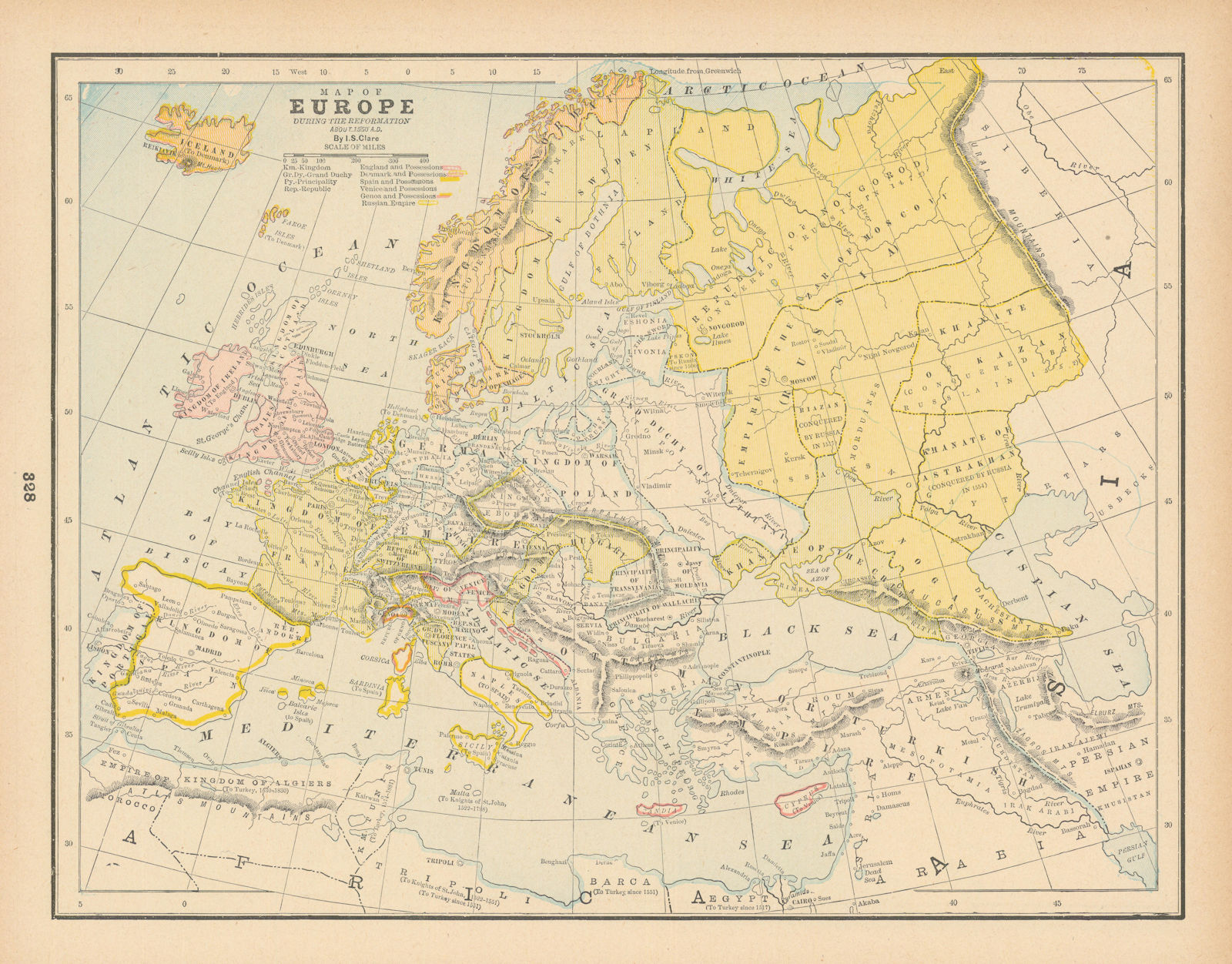 Associate Product Map of Europe, during the Reformation, about 1550 AD. CLARE 1894 old